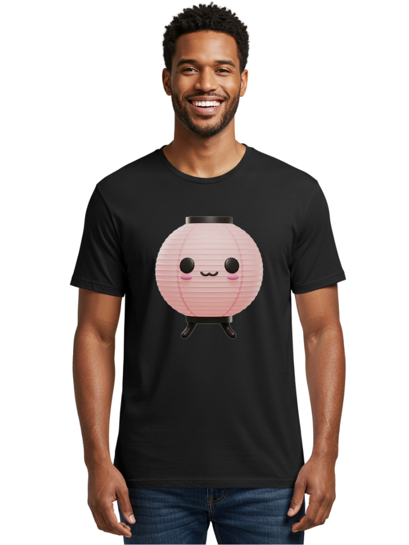 Pink-Paper-Lantern Men'S Graphic Tee, 100% Cotton, Comfortable Casual Summer Wear, Machine Washable, Pink Paper Lantern, Cute Character, Kawaii Culture, Cartoon Style, Smiling Face, Rosy Cheeks, Round Eyes, Black Stand, Kawaii Aesthetic, Bad436