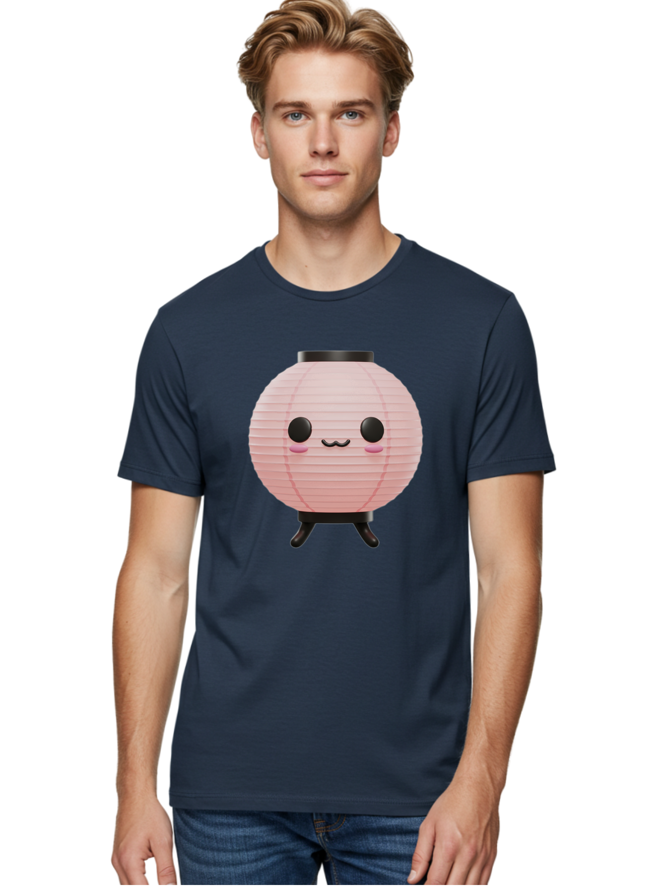 Pink-Paper-Lantern Men'S Graphic Tee, 100% Cotton, Comfortable Casual Summer Wear, Machine Washable, Pink Paper Lantern, Cute Character, Kawaii Culture, Cartoon Style, Smiling Face, Rosy Cheeks, Round Eyes, Black Stand, Kawaii Aesthetic, Bad436