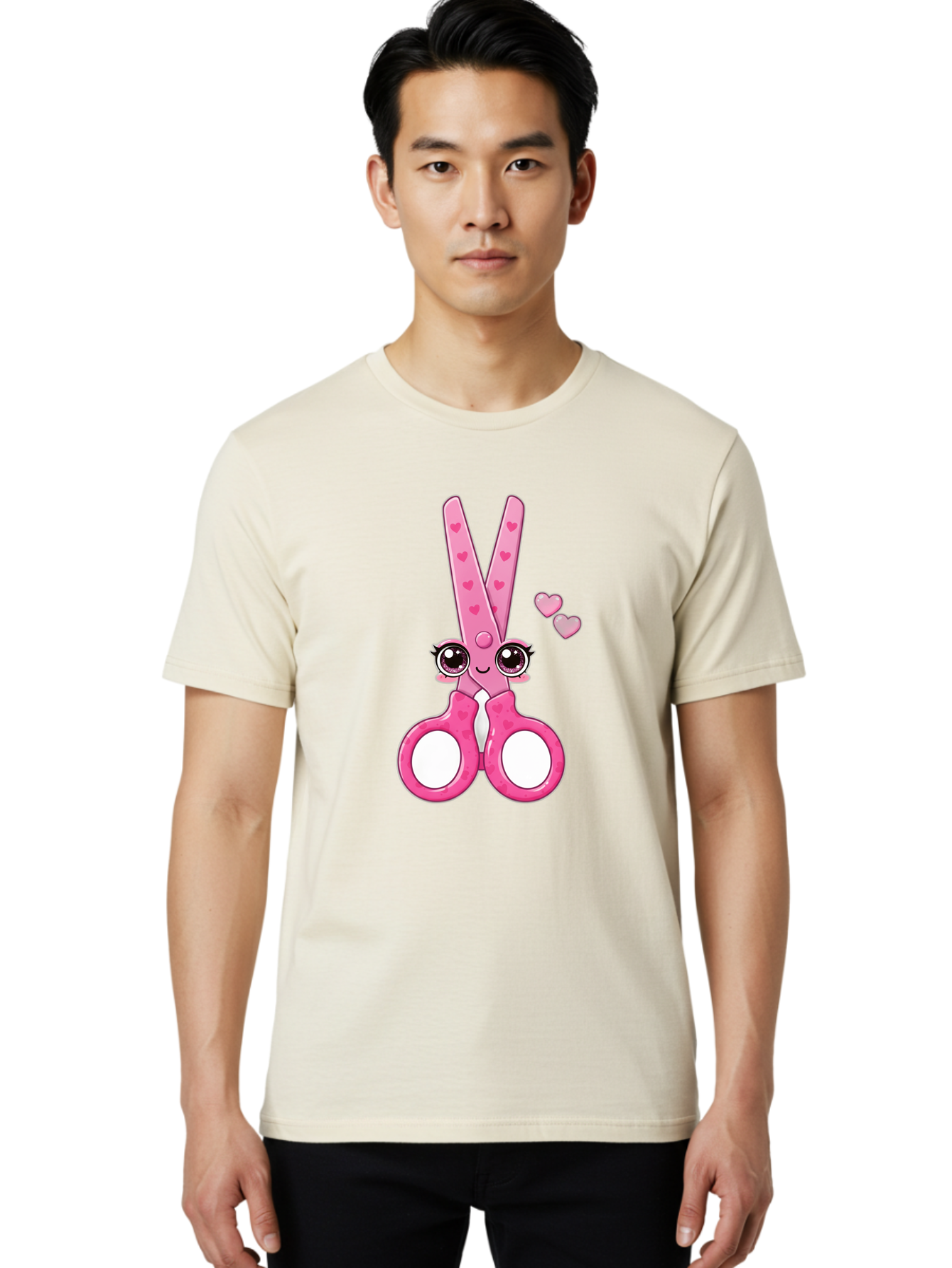 Pink-Scissors Men'S Graphic Tee, 100% Cotton, Comfortable Casual Summer Wear, Machine Washable, Pink Scissors With Hearts, Cute Cartoon Character, Playful Design, Fun Illustration, Office Supplies, Crafting Tools, Heart-Themed Decor, Bad437