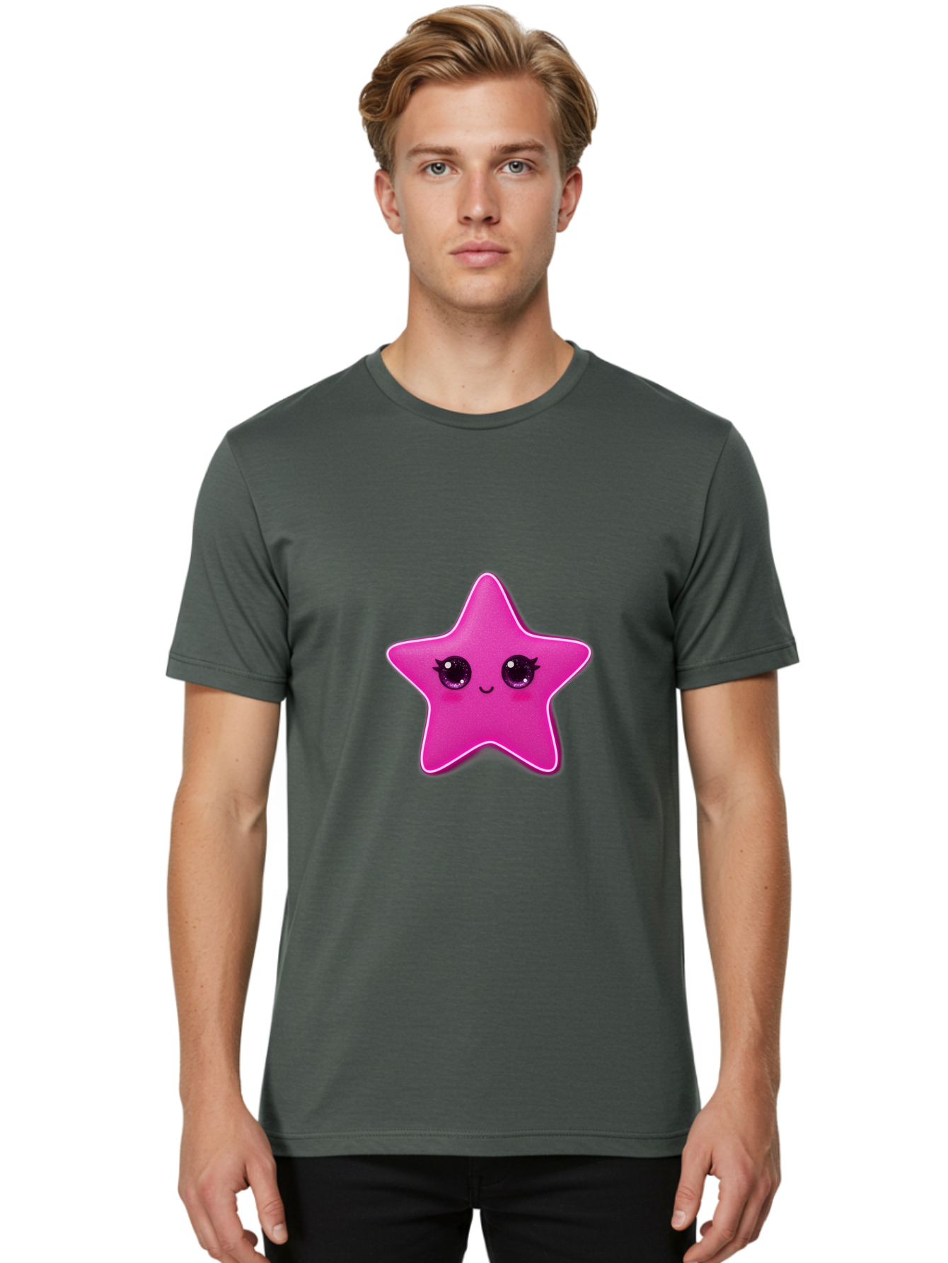 Pink-Star Men'S Graphic Tee, 100% Cotton, Comfortable Casual Summer Wear, Machine Washable, Pink Star, Cute Face, Cartoon Character, Kawaii Design, Sparkly Eyes, Sweet Expression, Whimsical Illustration, Feminine Charm, Playful Graphics Bad438