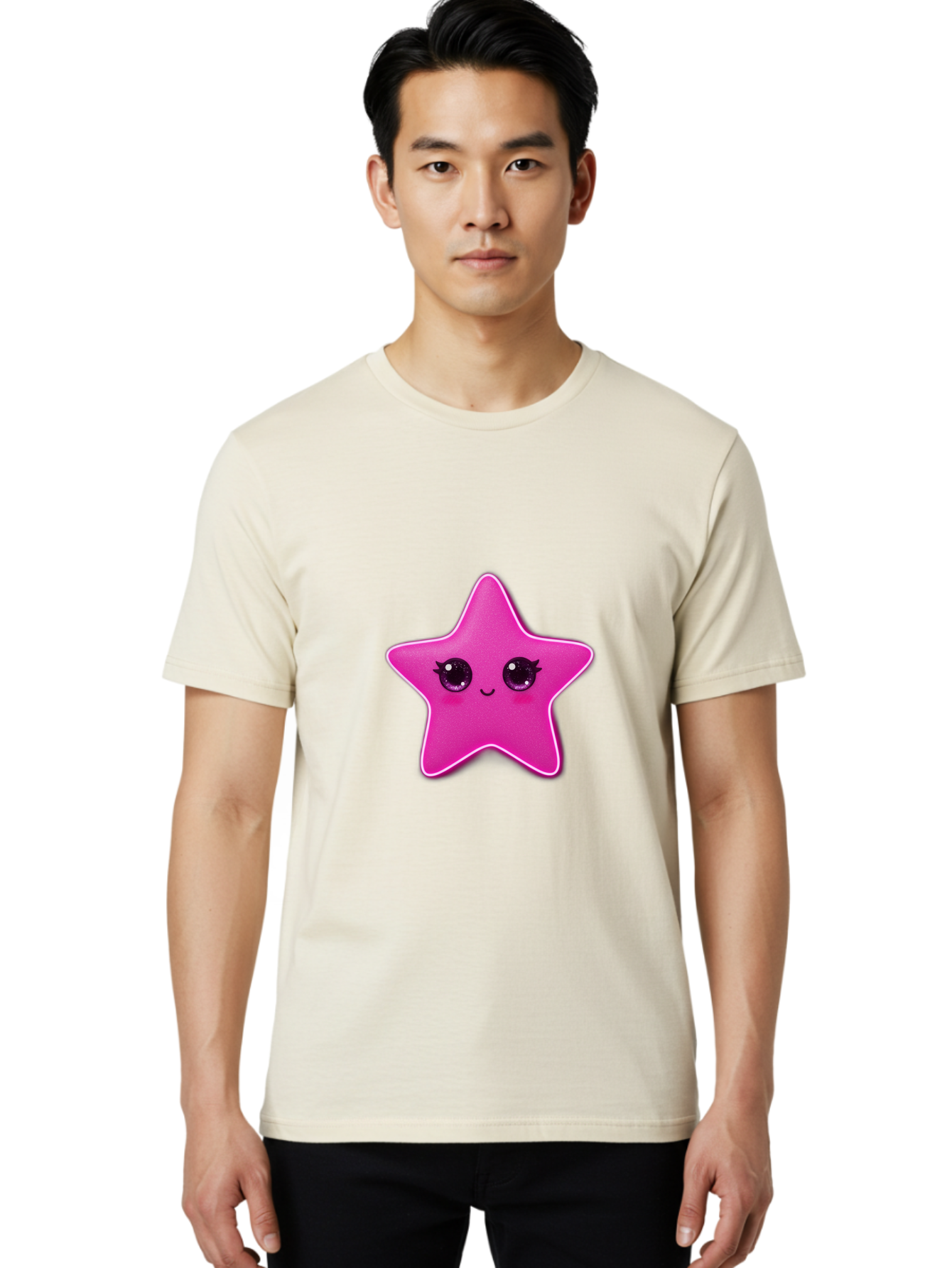 Pink-Star Men'S Graphic Tee, 100% Cotton, Comfortable Casual Summer Wear, Machine Washable, Pink Star, Cute Face, Cartoon Character, Kawaii Design, Sparkly Eyes, Sweet Expression, Whimsical Illustration, Feminine Charm, Playful Graphics Bad438