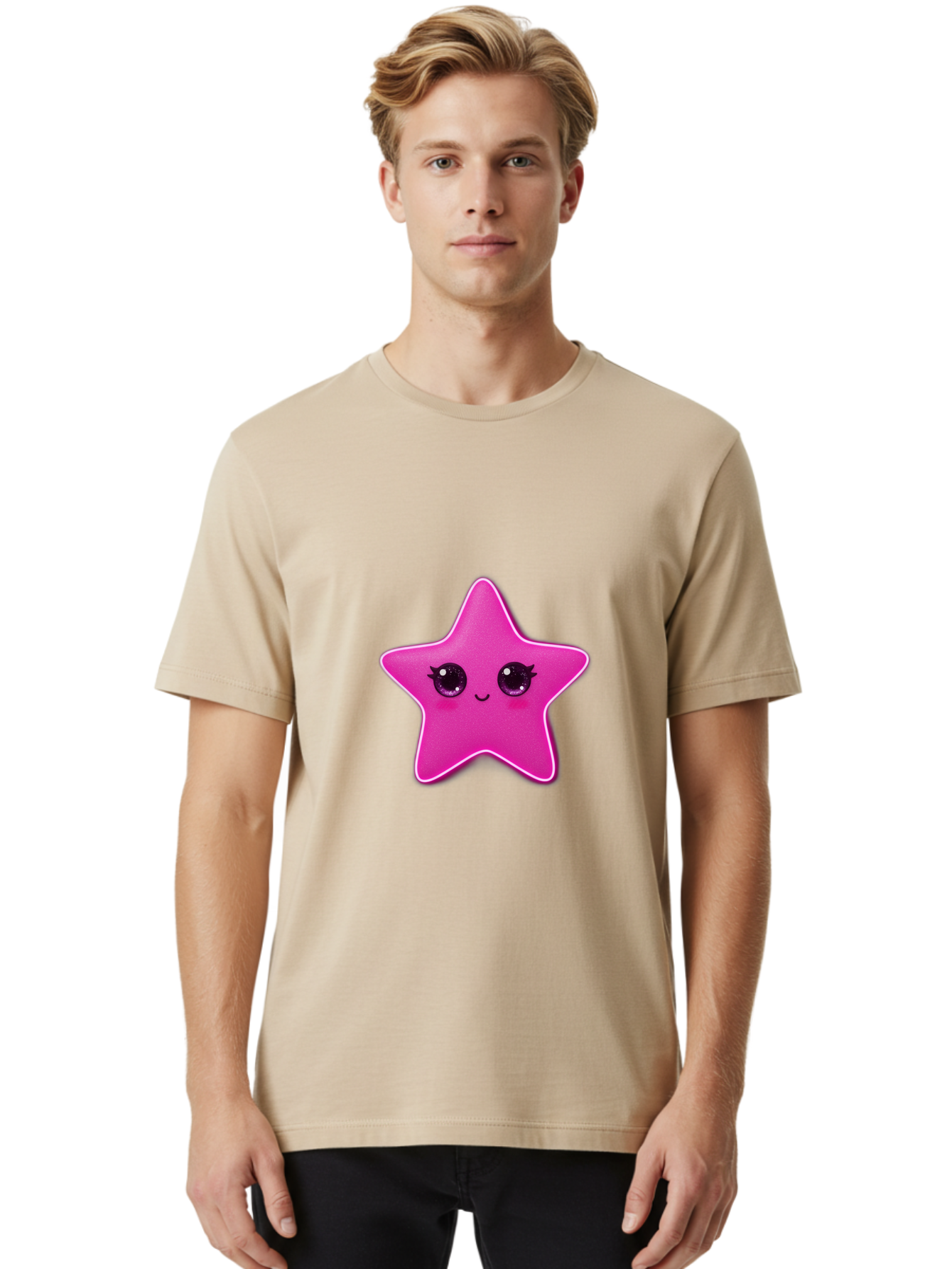 Pink-Star Men'S Graphic Tee, 100% Cotton, Comfortable Casual Summer Wear, Machine Washable, Pink Star, Cute Face, Cartoon Character, Kawaii Design, Sparkly Eyes, Sweet Expression, Whimsical Illustration, Feminine Charm, Playful Graphics Bad438