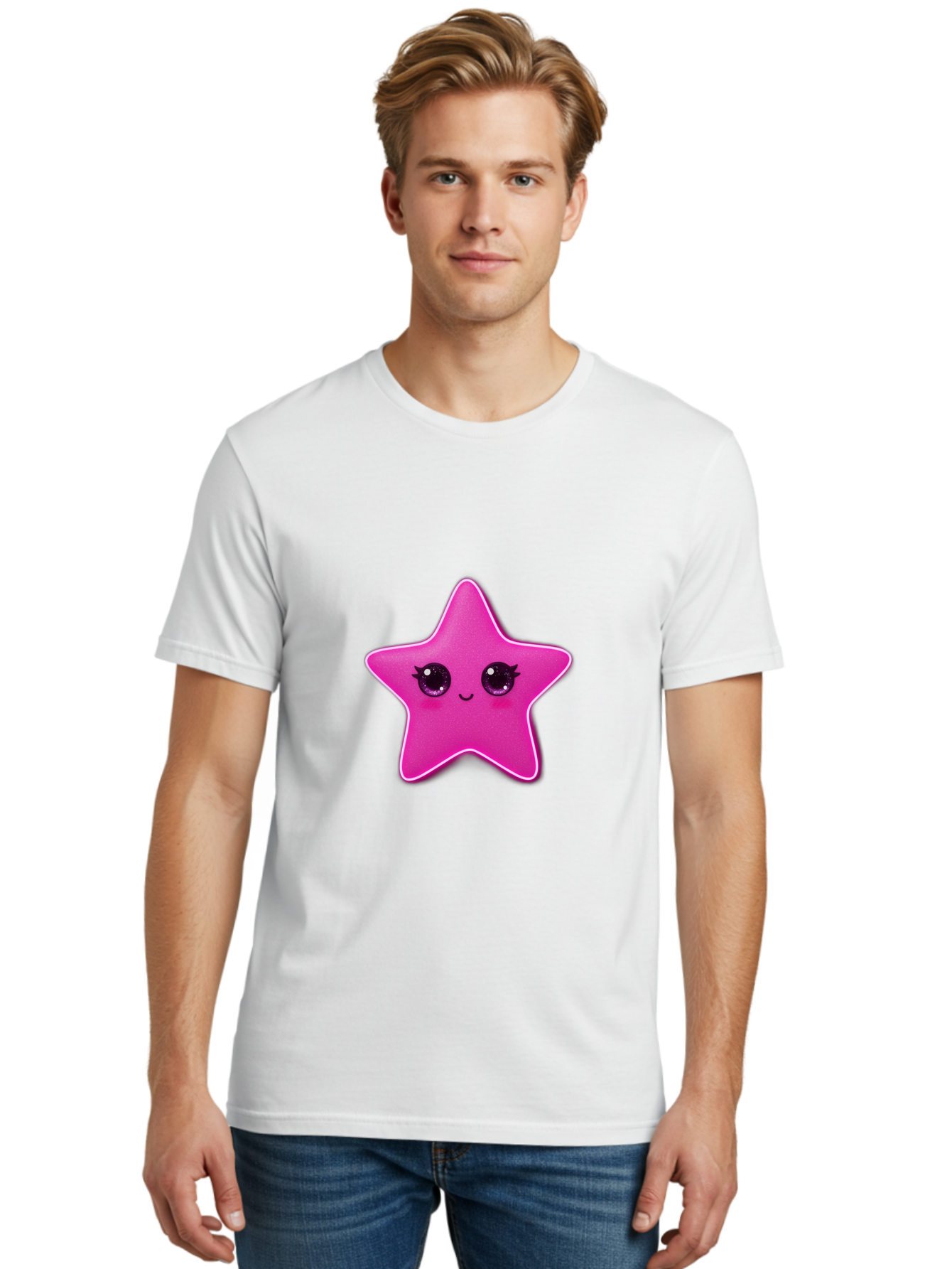 Pink-Star Men'S Graphic Tee, 100% Cotton, Comfortable Casual Summer Wear, Machine Washable, Pink Star, Cute Face, Cartoon Character, Kawaii Design, Sparkly Eyes, Sweet Expression, Whimsical Illustration, Feminine Charm, Playful Graphics Bad438
