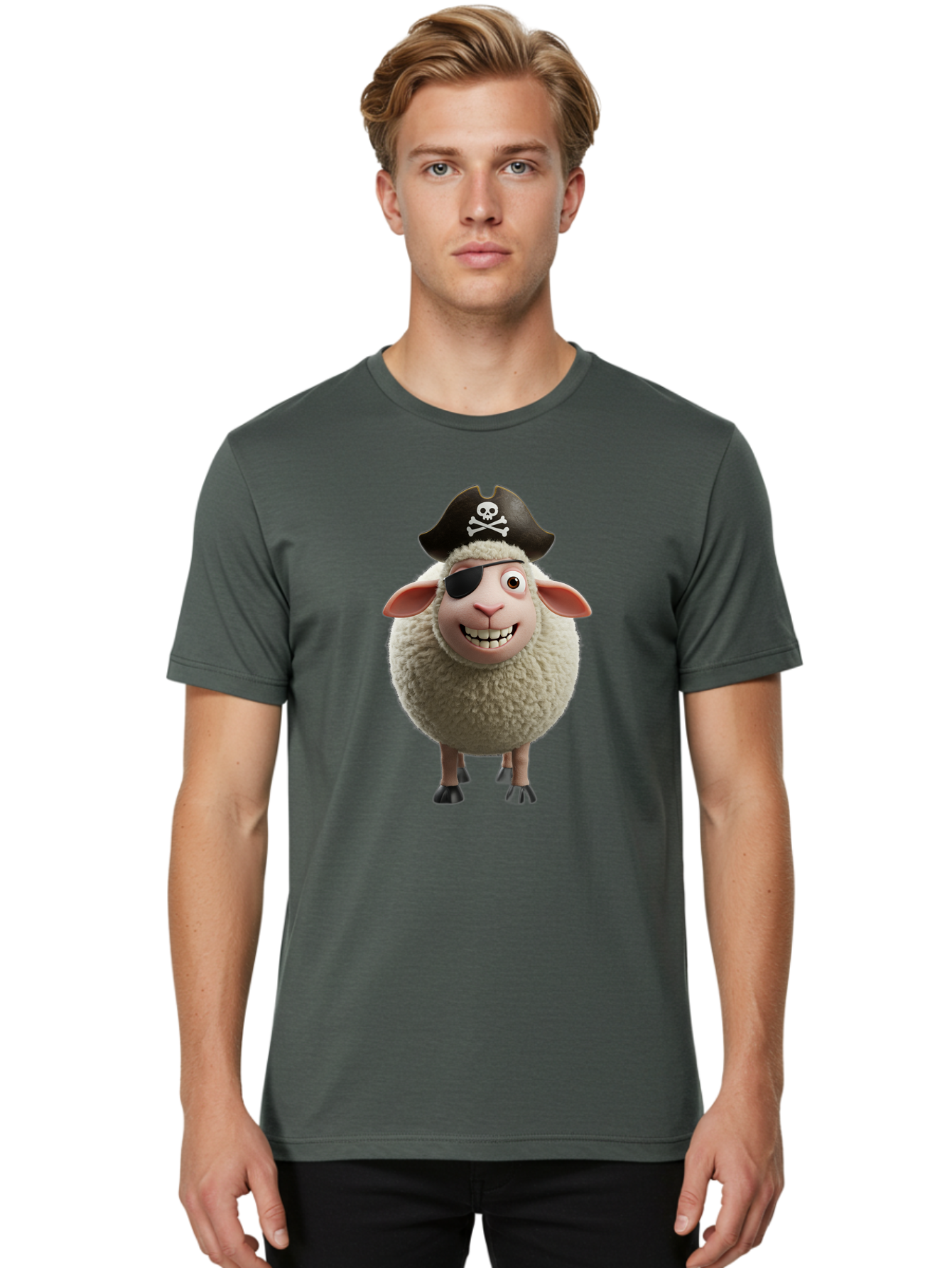 Pirate-Sheep Men'S Graphic Tee, 100% Cotton, Comfortable Casual Summer Wear, Machine Washable, Cartoon Sheep, Pirate Costume, Eye Patch, Skull And Crossbones Hat, Fluffy Sheep, Playful Character, Animated Animal, Pirate Sheep Character, Bad441