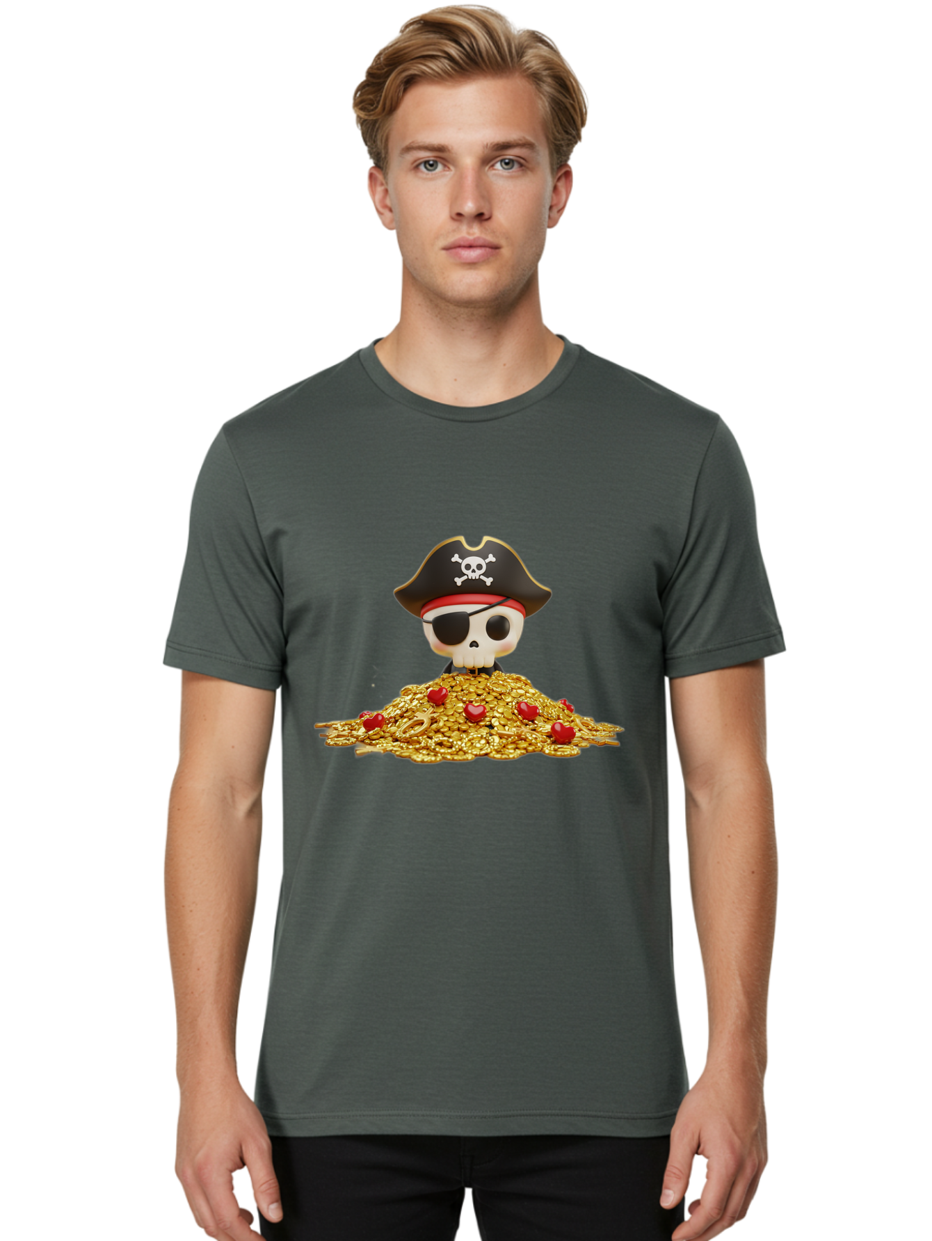 Pirate-Skull Men'S Graphic Tee, 100% Cotton, Comfortable Casual Summer Wear, Machine Washable, Pirate Skull, Treasure Pile, Gold Coins, Jewels, Eye Patch, Pirate Hat, Skull And Crossbones, Pirate Booty, Swashbuckling Adventure, Treasure Hunt, Bad442