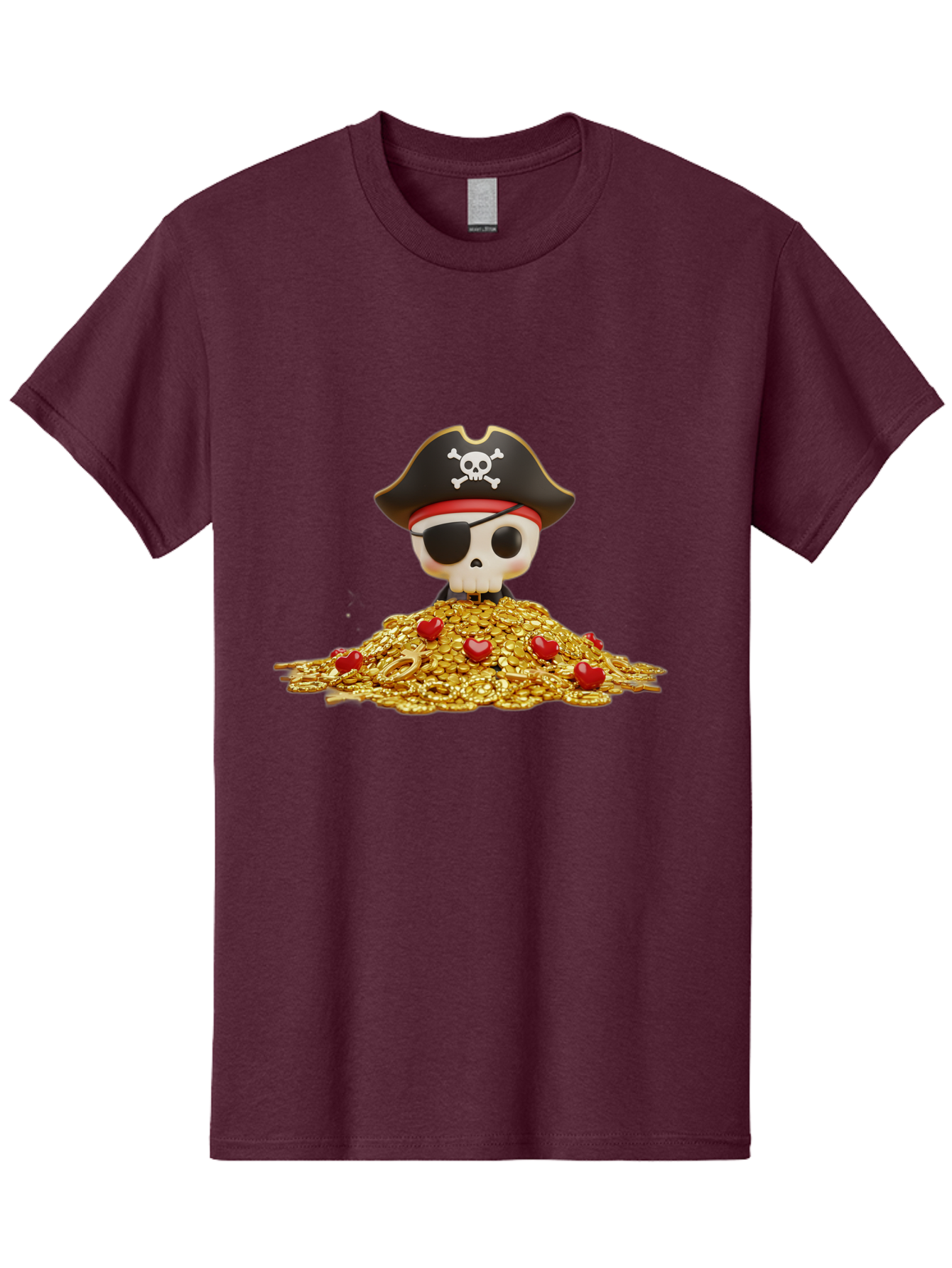Pirate-Skull Men'S Graphic Tee, 100% Cotton, Comfortable Casual Summer Wear, Machine Washable, Pirate Skull, Treasure Pile, Gold Coins, Jewels, Eye Patch, Pirate Hat, Skull And Crossbones, Pirate Booty, Swashbuckling Adventure, Treasure Hunt, Bad442