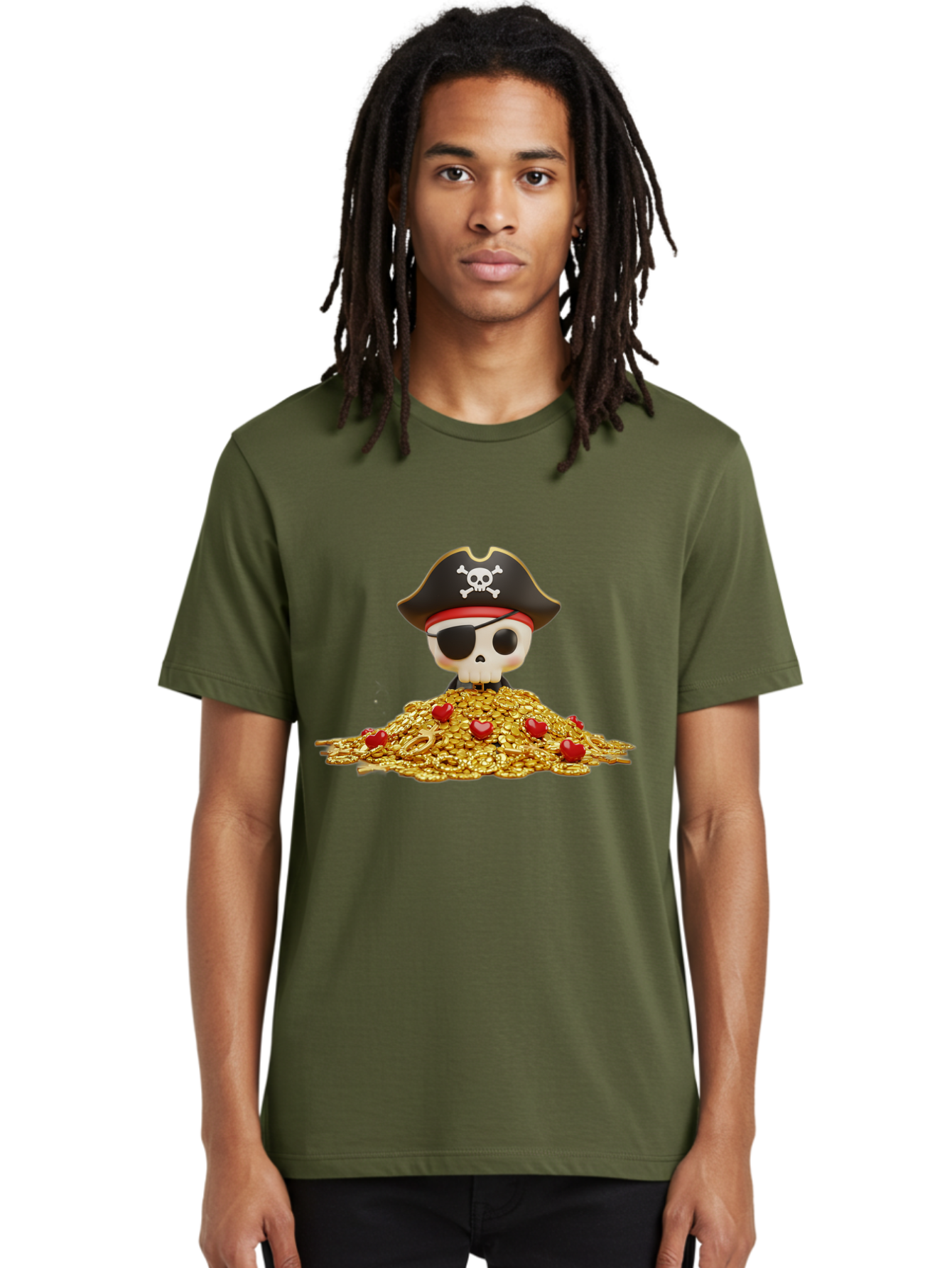 Pirate-Skull Men'S Graphic Tee, 100% Cotton, Comfortable Casual Summer Wear, Machine Washable, Pirate Skull, Treasure Pile, Gold Coins, Jewels, Eye Patch, Pirate Hat, Skull And Crossbones, Pirate Booty, Swashbuckling Adventure, Treasure Hunt, Bad442