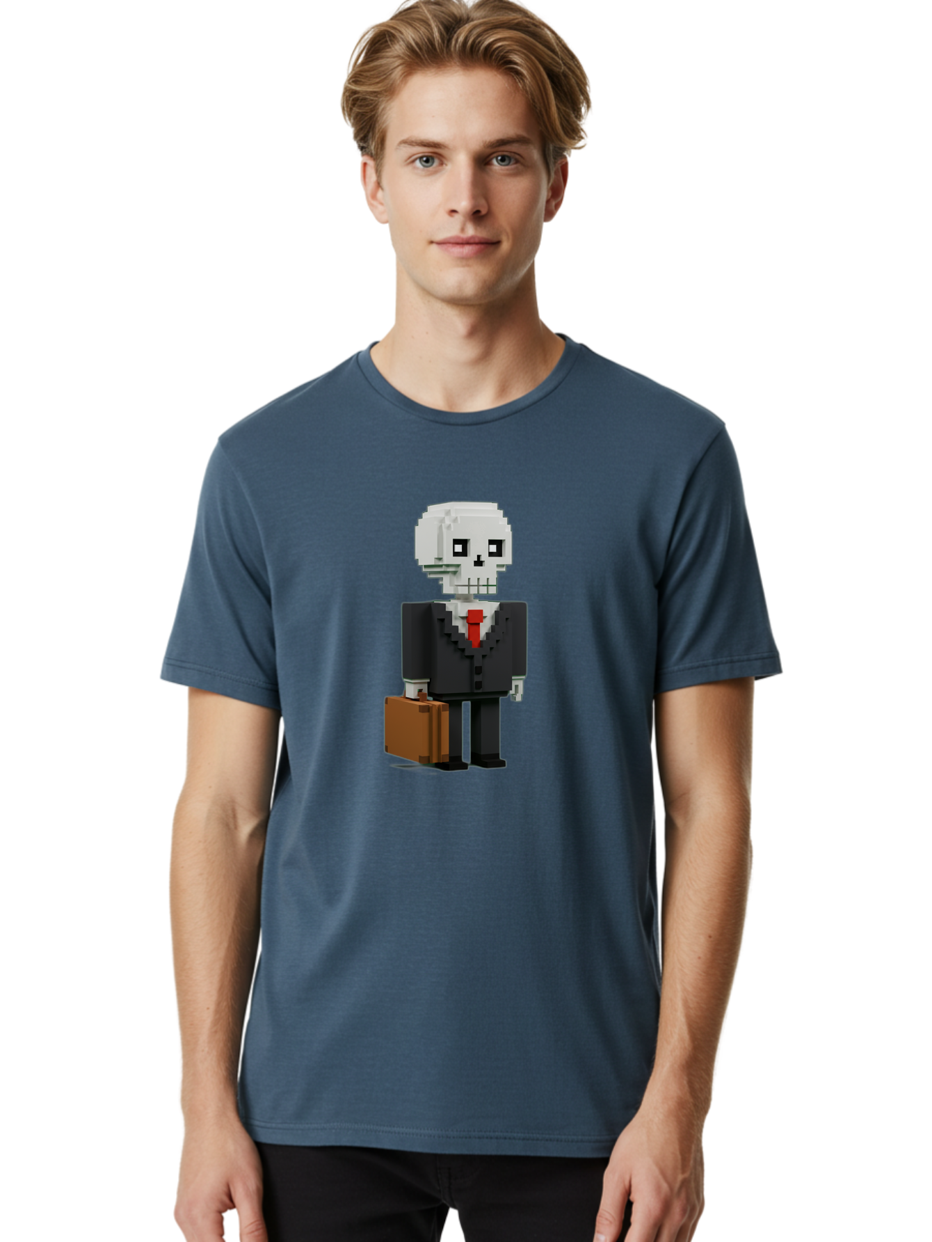 Pixel-Skull-Businessman Men'S Graphic Tee, 100% Cotton, Comfortable Casual Summer Wear, Machine Washable, Pixel Art Skeleton, Skull Character, Business Attire, Black Suit, Red Tie, Briefcase, Video Game Style, Cartoon Character, Bad443