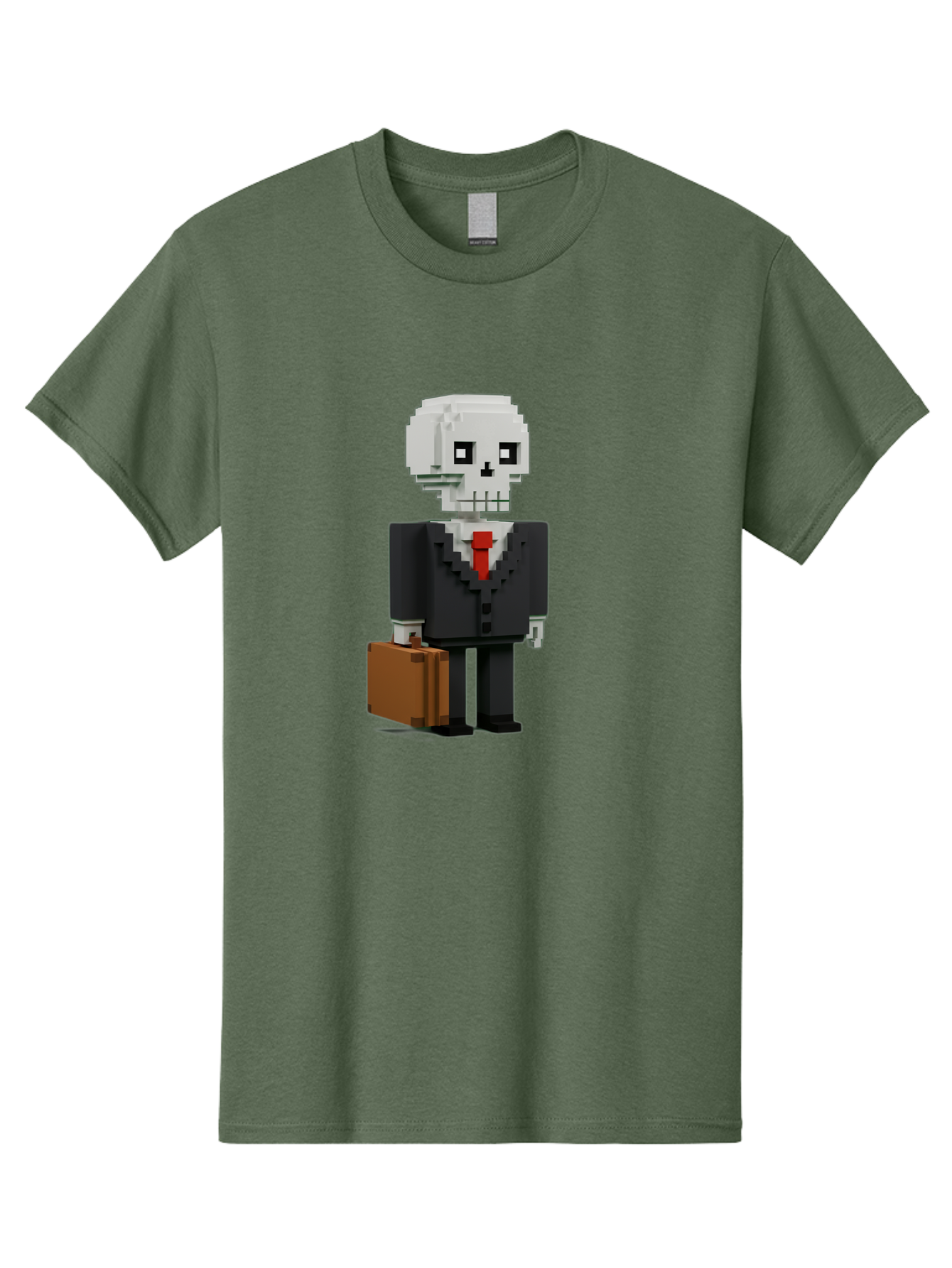 Pixel-Skull-Businessman Men'S Graphic Tee, 100% Cotton, Comfortable Casual Summer Wear, Machine Washable, Pixel Art Skeleton, Skull Character, Business Attire, Black Suit, Red Tie, Briefcase, Video Game Style, Cartoon Character, Bad443