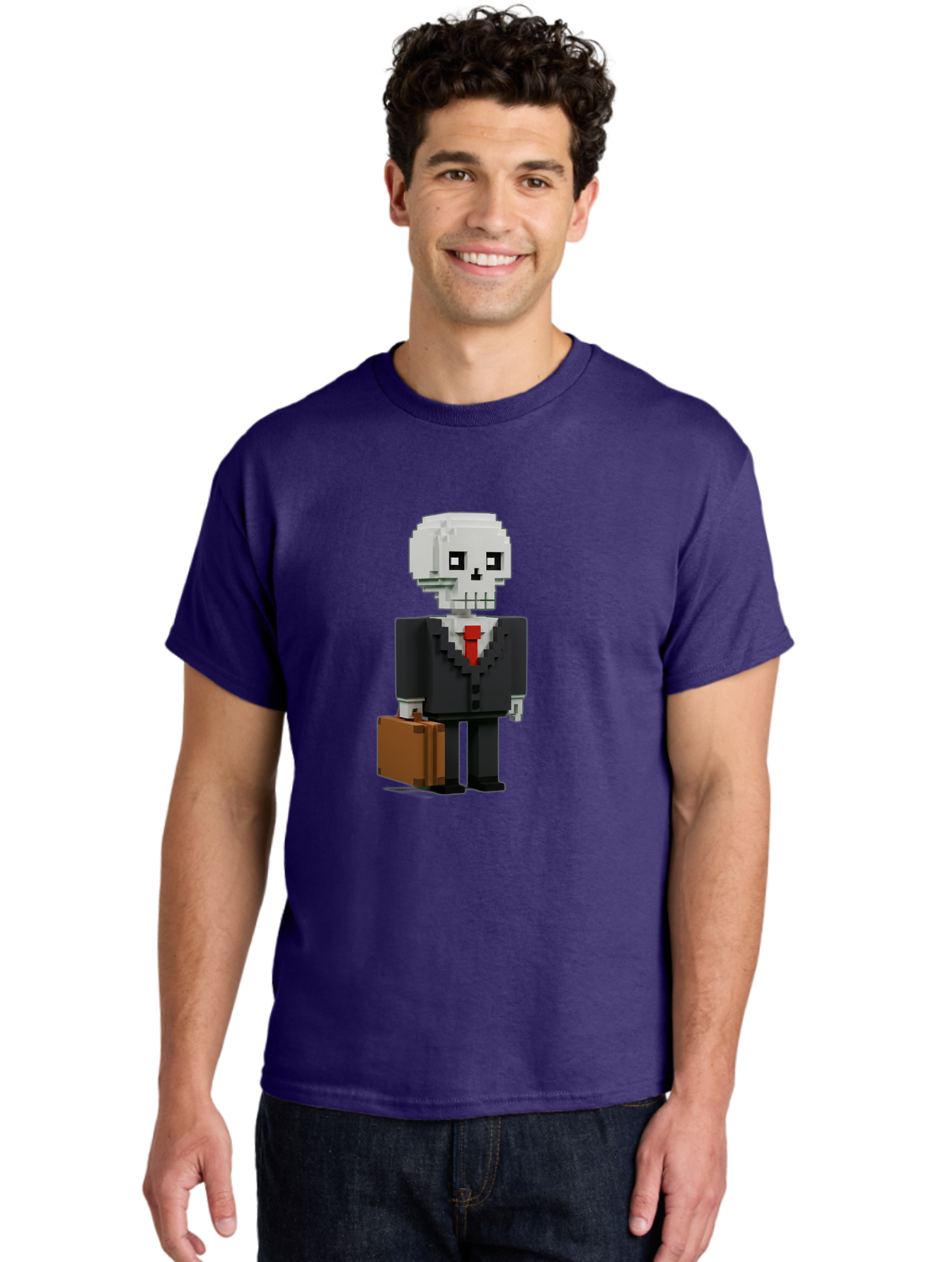 Pixel-Skull-Businessman Men'S Graphic Tee, 100% Cotton, Comfortable Casual Summer Wear, Machine Washable, Pixel Art Skeleton, Skull Character, Business Attire, Black Suit, Red Tie, Briefcase, Video Game Style, Cartoon Character, Bad443