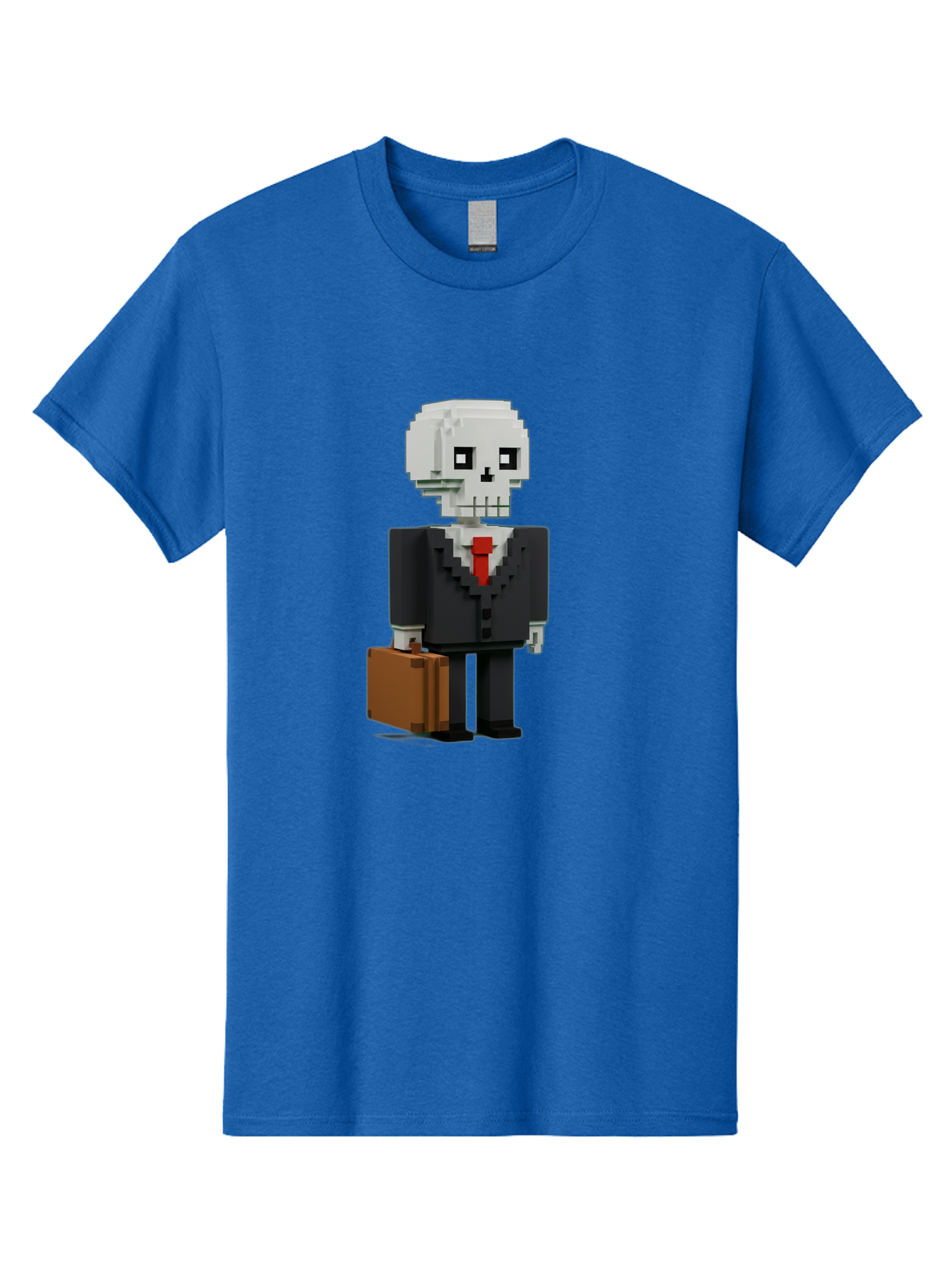 Pixel-Skull-Businessman Men'S Graphic Tee, 100% Cotton, Comfortable Casual Summer Wear, Machine Washable, Pixel Art Skeleton, Skull Character, Business Attire, Black Suit, Red Tie, Briefcase, Video Game Style, Cartoon Character, Bad443