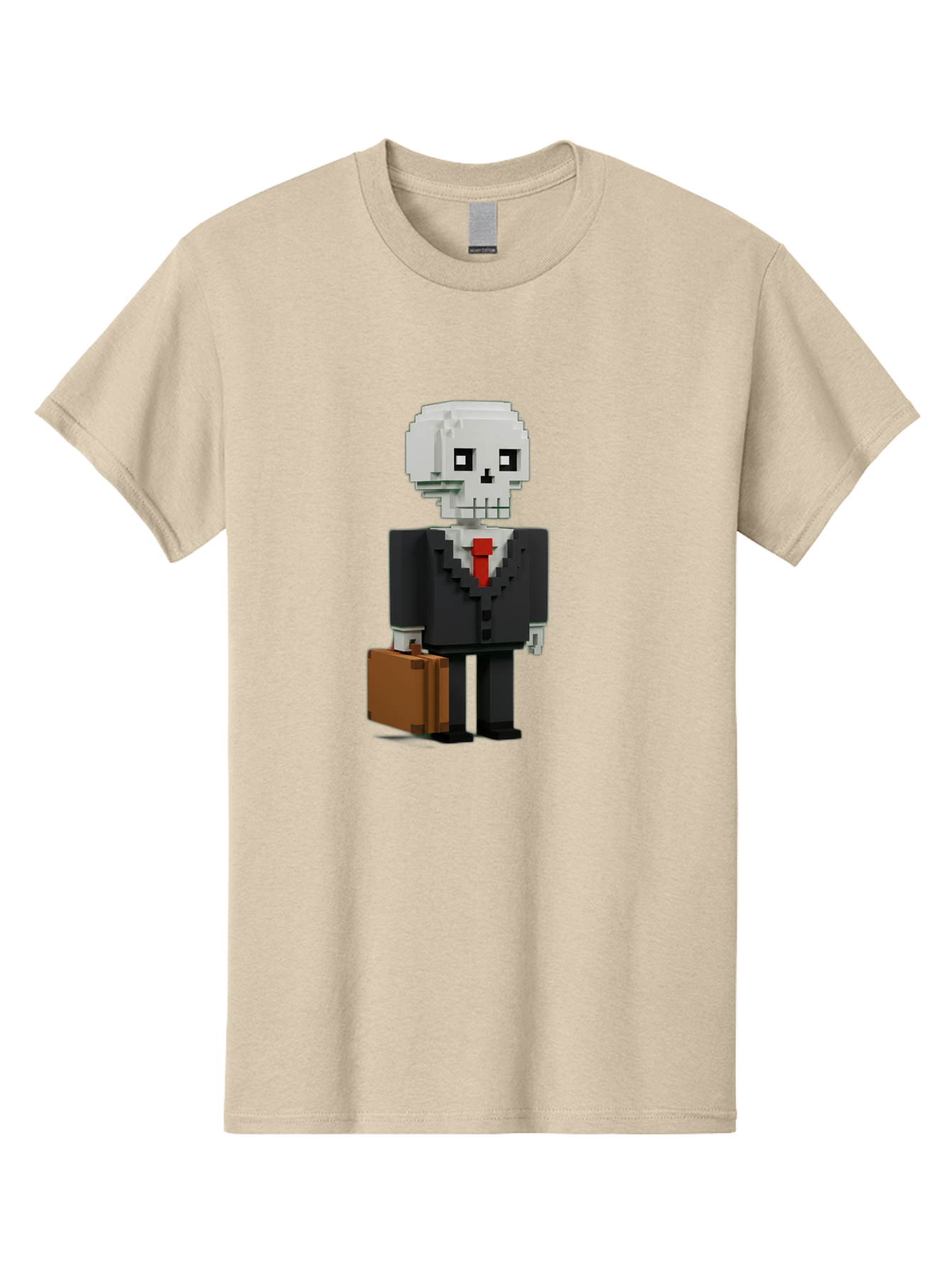 Pixel-Skull-Businessman Men'S Graphic Tee, 100% Cotton, Comfortable Casual Summer Wear, Machine Washable, Pixel Art Skeleton, Skull Character, Business Attire, Black Suit, Red Tie, Briefcase, Video Game Style, Cartoon Character, Bad443