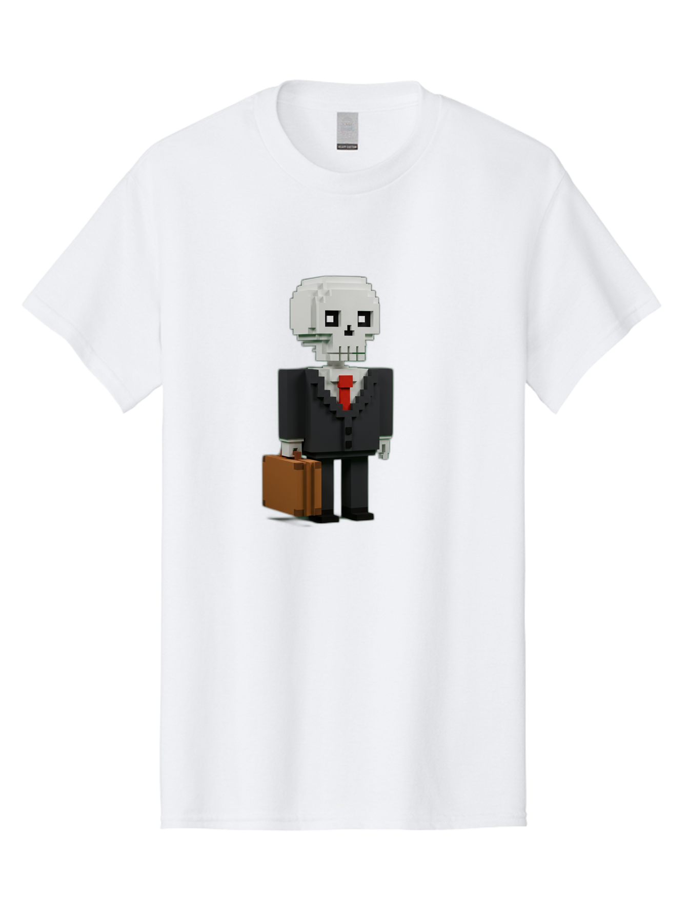 Pixel-Skull-Businessman Men'S Graphic Tee, 100% Cotton, Comfortable Casual Summer Wear, Machine Washable, Pixel Art Skeleton, Skull Character, Business Attire, Black Suit, Red Tie, Briefcase, Video Game Style, Cartoon Character, Bad443