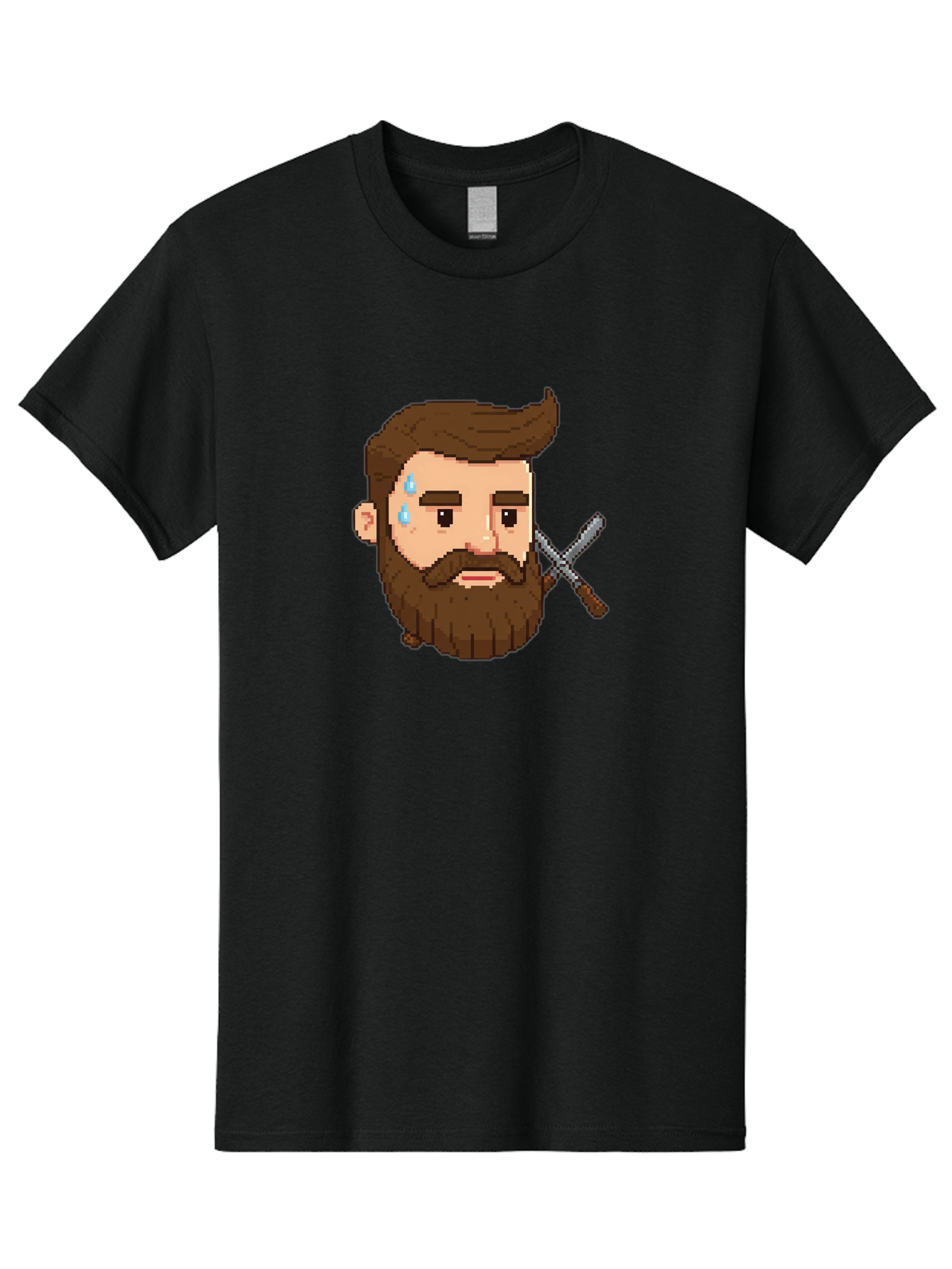 Pixelated-Bearded-Man-With-Swords Men'S Graphic Tee, 100% Cotton, Comfortable Casual Summer Wear, Machine Washable, Pixel Art, Bearded Man Crying, Sadness, Regret, Razor In Hand, Grooming Gone Wrong, Despair, Shaving Mishap, Bad444