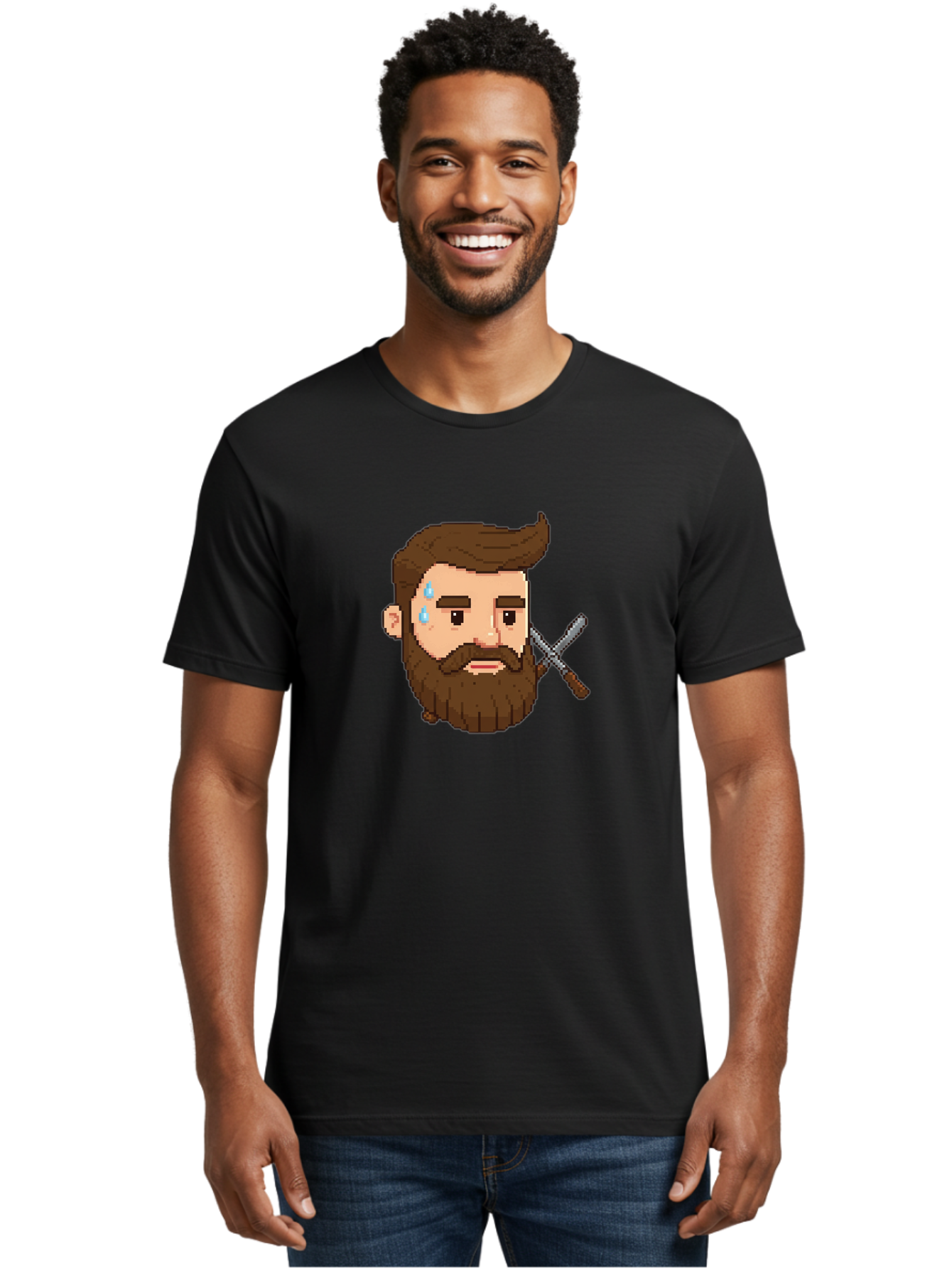 Pixelated-Bearded-Man-With-Swords Men'S Graphic Tee, 100% Cotton, Comfortable Casual Summer Wear, Machine Washable, Pixel Art, Bearded Man Crying, Sadness, Regret, Razor In Hand, Grooming Gone Wrong, Despair, Shaving Mishap, Bad444