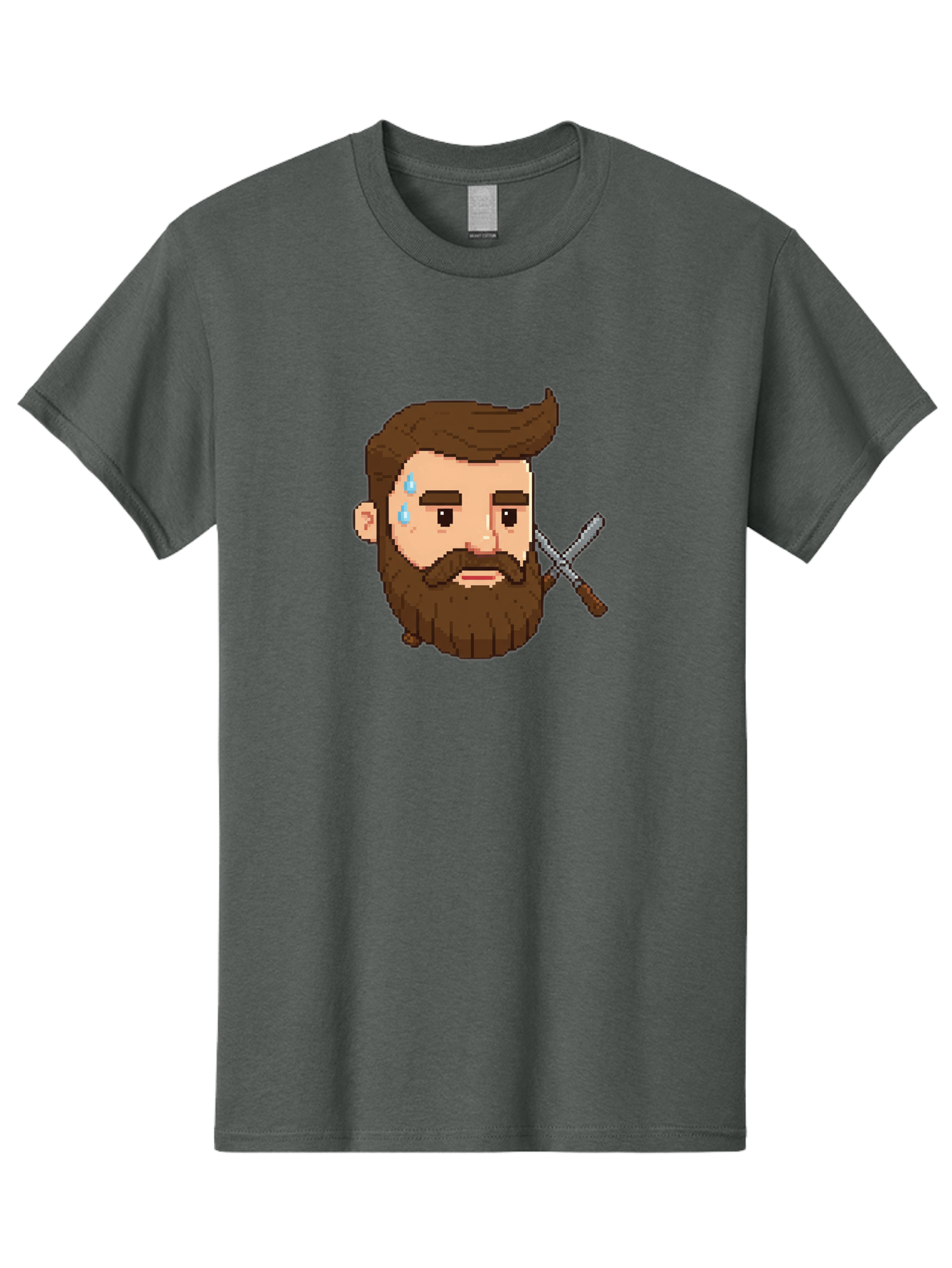 Pixelated-Bearded-Man-With-Swords Men'S Graphic Tee, 100% Cotton, Comfortable Casual Summer Wear, Machine Washable, Pixel Art, Bearded Man Crying, Sadness, Regret, Razor In Hand, Grooming Gone Wrong, Despair, Shaving Mishap, Bad444