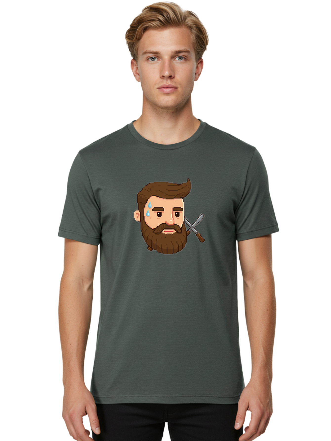 Pixelated-Bearded-Man-With-Swords Men'S Graphic Tee, 100% Cotton, Comfortable Casual Summer Wear, Machine Washable, Pixel Art, Bearded Man Crying, Sadness, Regret, Razor In Hand, Grooming Gone Wrong, Despair, Shaving Mishap, Bad444