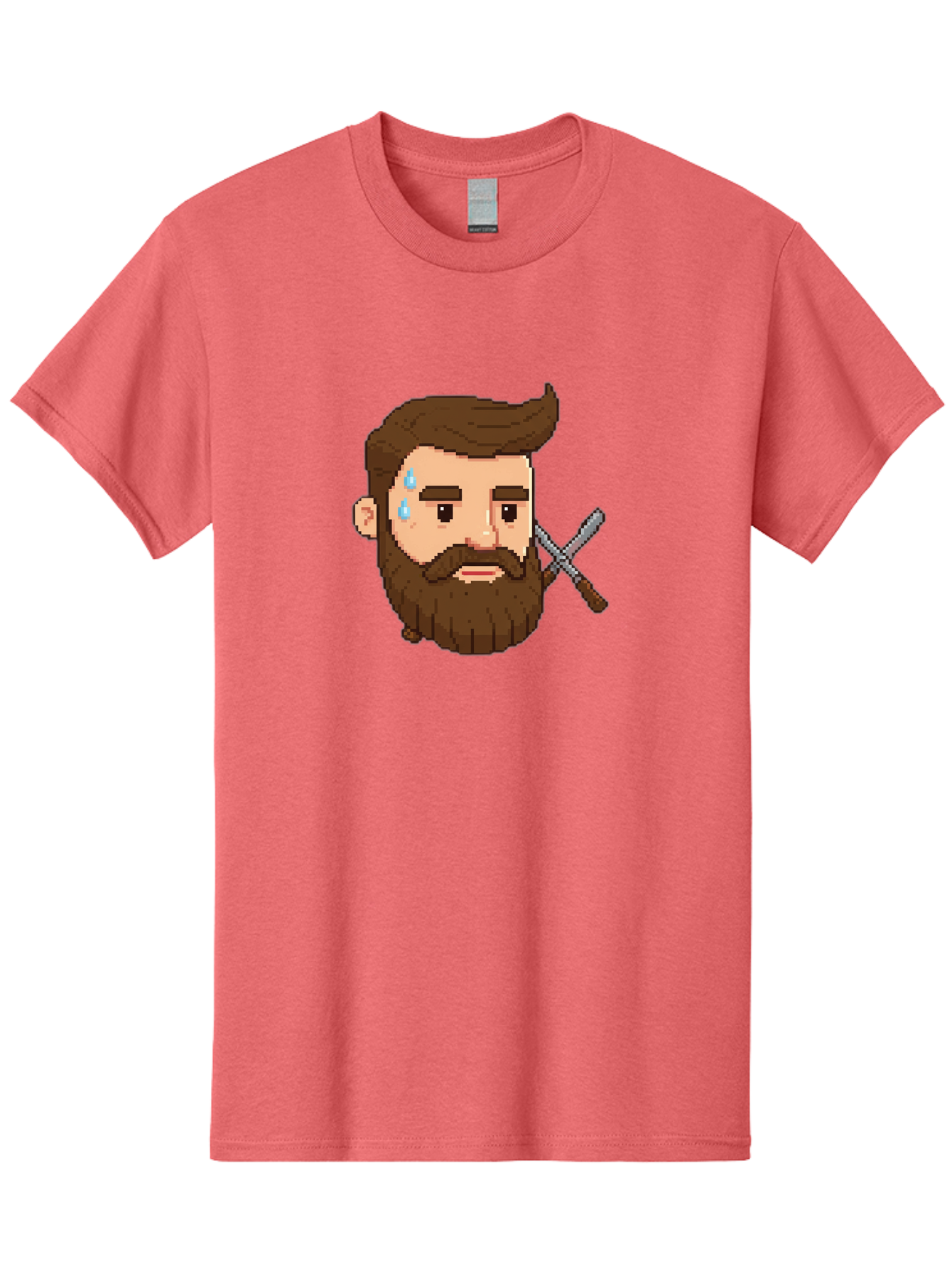 Pixelated-Bearded-Man-With-Swords Men'S Graphic Tee, 100% Cotton, Comfortable Casual Summer Wear, Machine Washable, Pixel Art, Bearded Man Crying, Sadness, Regret, Razor In Hand, Grooming Gone Wrong, Despair, Shaving Mishap, Bad444