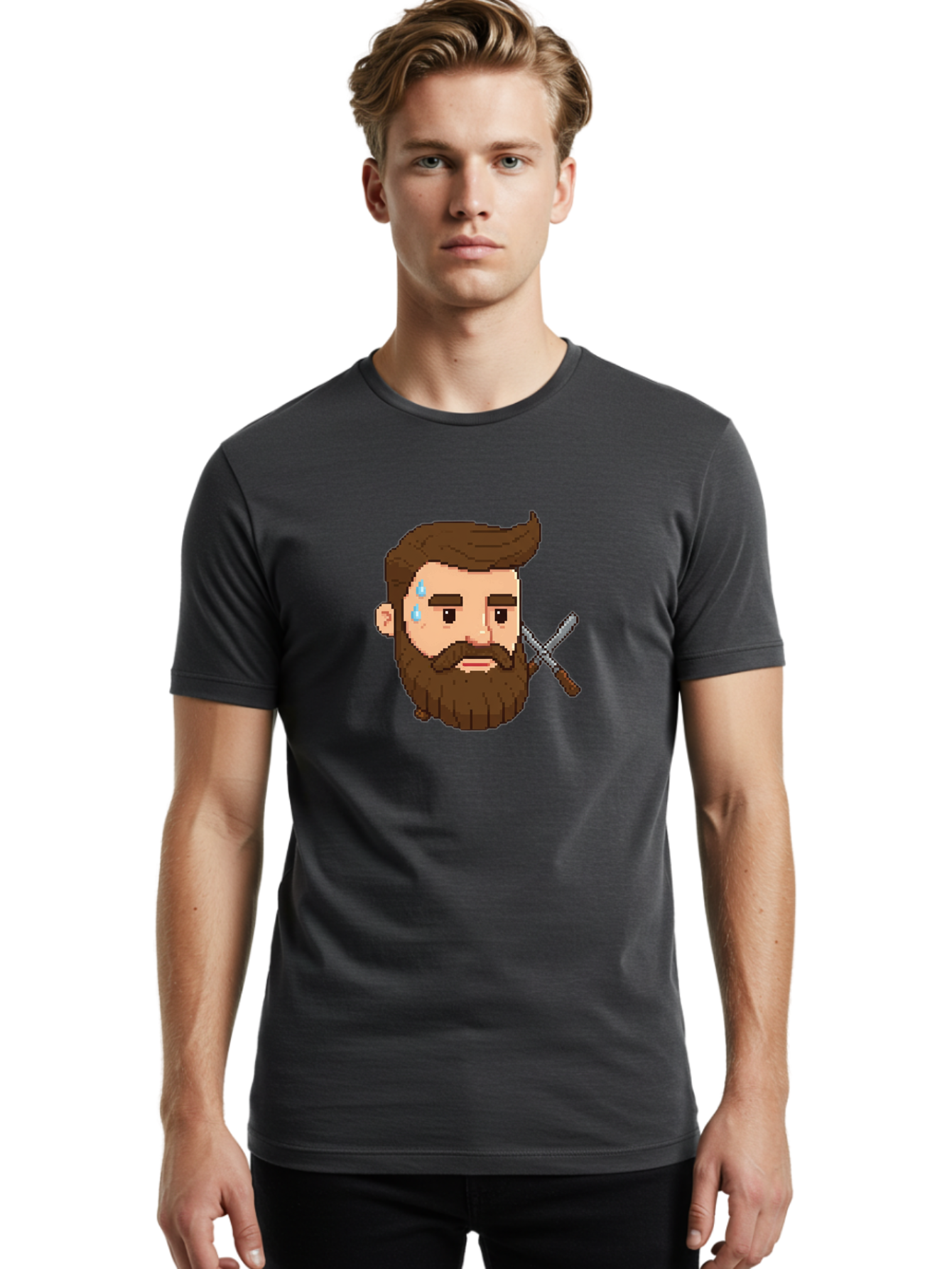 Pixelated-Bearded-Man-With-Swords Men'S Graphic Tee, 100% Cotton, Comfortable Casual Summer Wear, Machine Washable, Pixel Art, Bearded Man Crying, Sadness, Regret, Razor In Hand, Grooming Gone Wrong, Despair, Shaving Mishap, Bad444