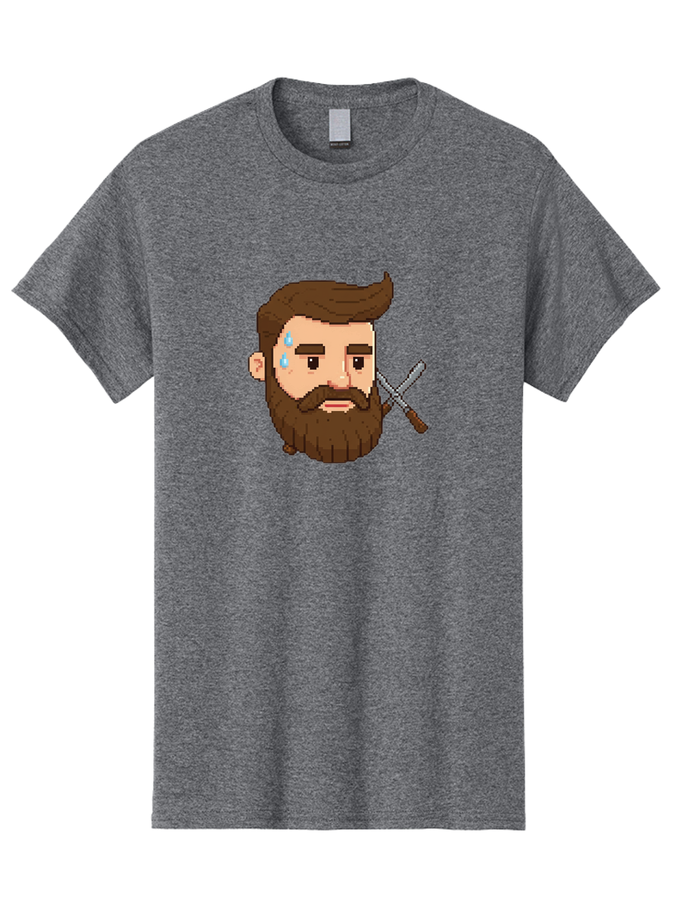 Pixelated-Bearded-Man-With-Swords Men'S Graphic Tee, 100% Cotton, Comfortable Casual Summer Wear, Machine Washable, Pixel Art, Bearded Man Crying, Sadness, Regret, Razor In Hand, Grooming Gone Wrong, Despair, Shaving Mishap, Bad444