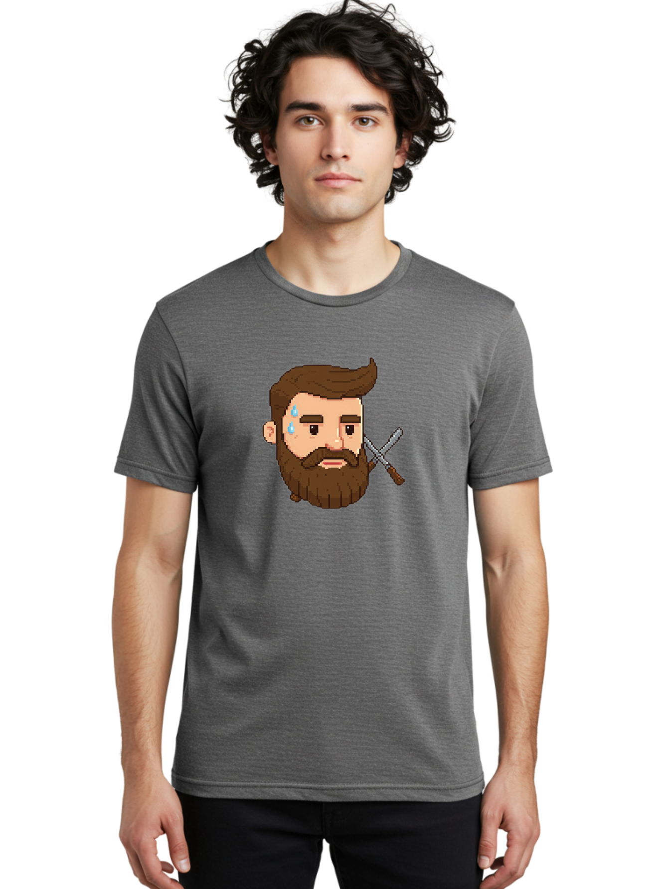 Pixelated-Bearded-Man-With-Swords Men'S Graphic Tee, 100% Cotton, Comfortable Casual Summer Wear, Machine Washable, Pixel Art, Bearded Man Crying, Sadness, Regret, Razor In Hand, Grooming Gone Wrong, Despair, Shaving Mishap, Bad444