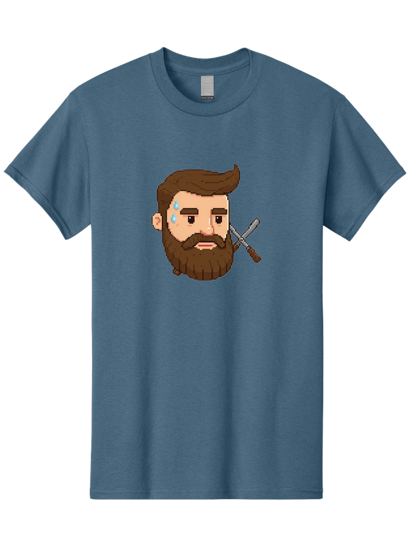 Pixelated-Bearded-Man-With-Swords Men'S Graphic Tee, 100% Cotton, Comfortable Casual Summer Wear, Machine Washable, Pixel Art, Bearded Man Crying, Sadness, Regret, Razor In Hand, Grooming Gone Wrong, Despair, Shaving Mishap, Bad444
