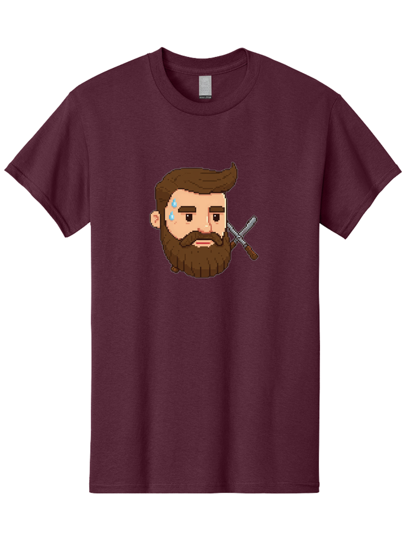 Pixelated-Bearded-Man-With-Swords Men'S Graphic Tee, 100% Cotton, Comfortable Casual Summer Wear, Machine Washable, Pixel Art, Bearded Man Crying, Sadness, Regret, Razor In Hand, Grooming Gone Wrong, Despair, Shaving Mishap, Bad444