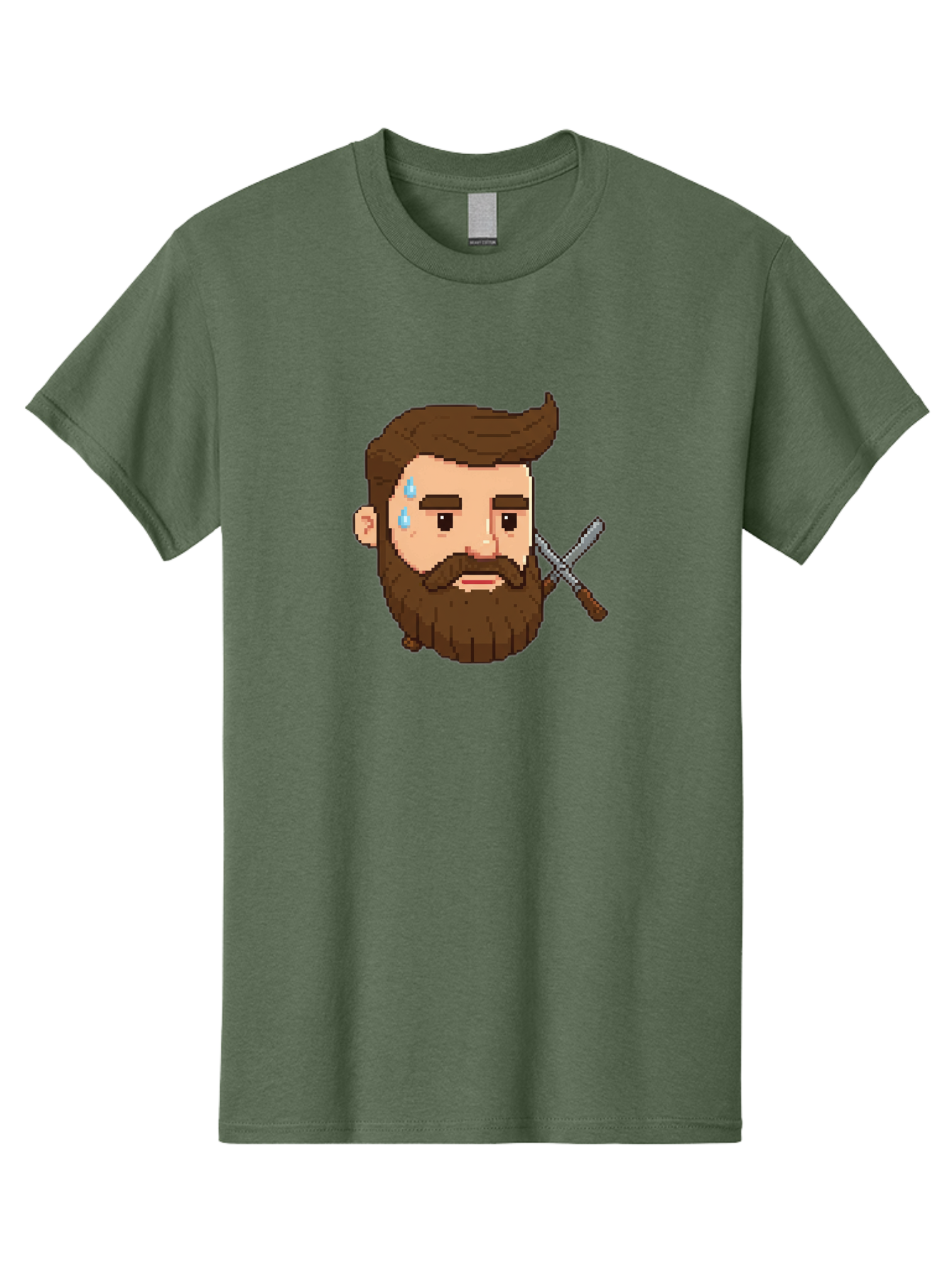 Pixelated-Bearded-Man-With-Swords Men'S Graphic Tee, 100% Cotton, Comfortable Casual Summer Wear, Machine Washable, Pixel Art, Bearded Man Crying, Sadness, Regret, Razor In Hand, Grooming Gone Wrong, Despair, Shaving Mishap, Bad444