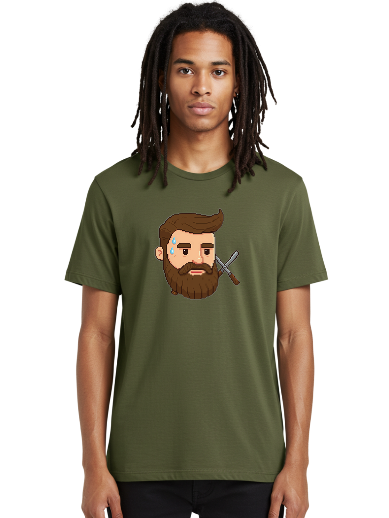 Pixelated-Bearded-Man-With-Swords Men'S Graphic Tee, 100% Cotton, Comfortable Casual Summer Wear, Machine Washable, Pixel Art, Bearded Man Crying, Sadness, Regret, Razor In Hand, Grooming Gone Wrong, Despair, Shaving Mishap, Bad444