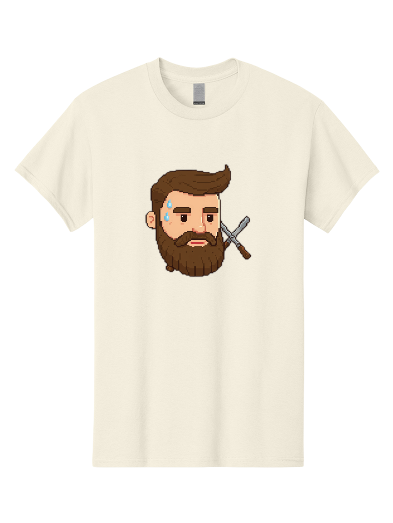 Pixelated-Bearded-Man-With-Swords Men'S Graphic Tee, 100% Cotton, Comfortable Casual Summer Wear, Machine Washable, Pixel Art, Bearded Man Crying, Sadness, Regret, Razor In Hand, Grooming Gone Wrong, Despair, Shaving Mishap, Bad444