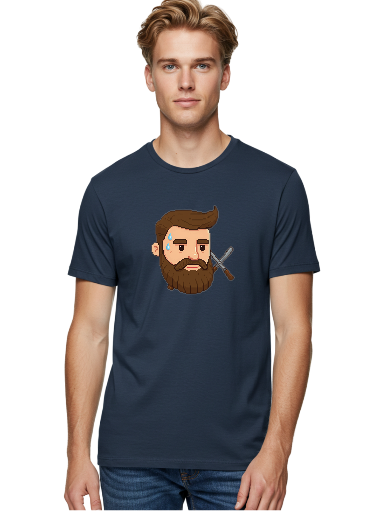 Pixelated-Bearded-Man-With-Swords Men'S Graphic Tee, 100% Cotton, Comfortable Casual Summer Wear, Machine Washable, Pixel Art, Bearded Man Crying, Sadness, Regret, Razor In Hand, Grooming Gone Wrong, Despair, Shaving Mishap, Bad444