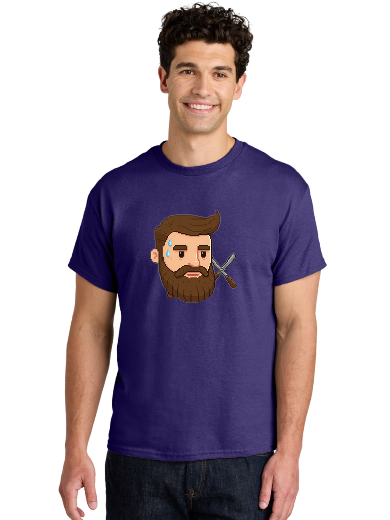 Pixelated-Bearded-Man-With-Swords Men'S Graphic Tee, 100% Cotton, Comfortable Casual Summer Wear, Machine Washable, Pixel Art, Bearded Man Crying, Sadness, Regret, Razor In Hand, Grooming Gone Wrong, Despair, Shaving Mishap, Bad444