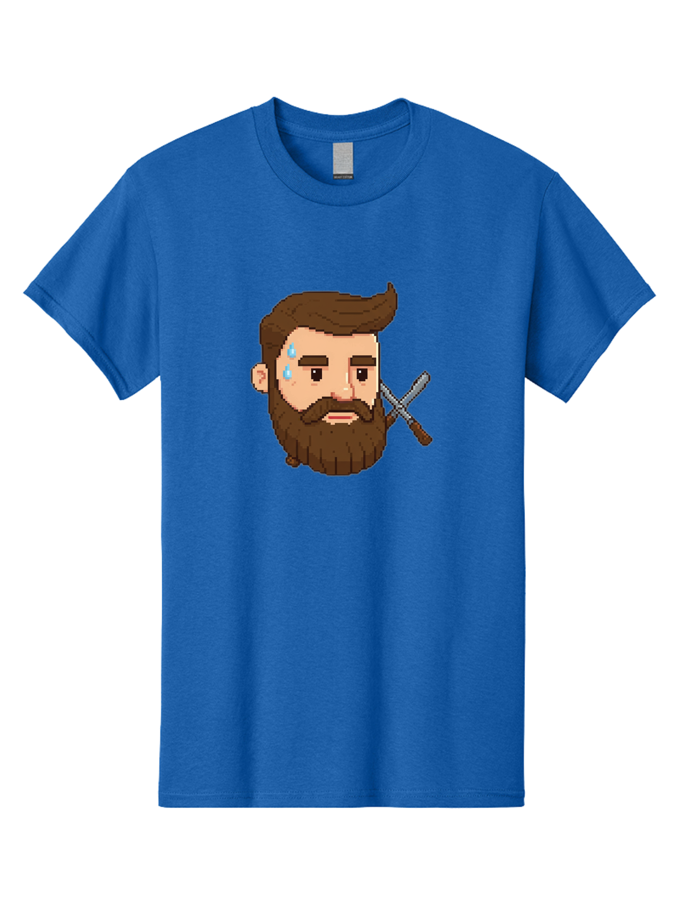 Pixelated-Bearded-Man-With-Swords Men'S Graphic Tee, 100% Cotton, Comfortable Casual Summer Wear, Machine Washable, Pixel Art, Bearded Man Crying, Sadness, Regret, Razor In Hand, Grooming Gone Wrong, Despair, Shaving Mishap, Bad444