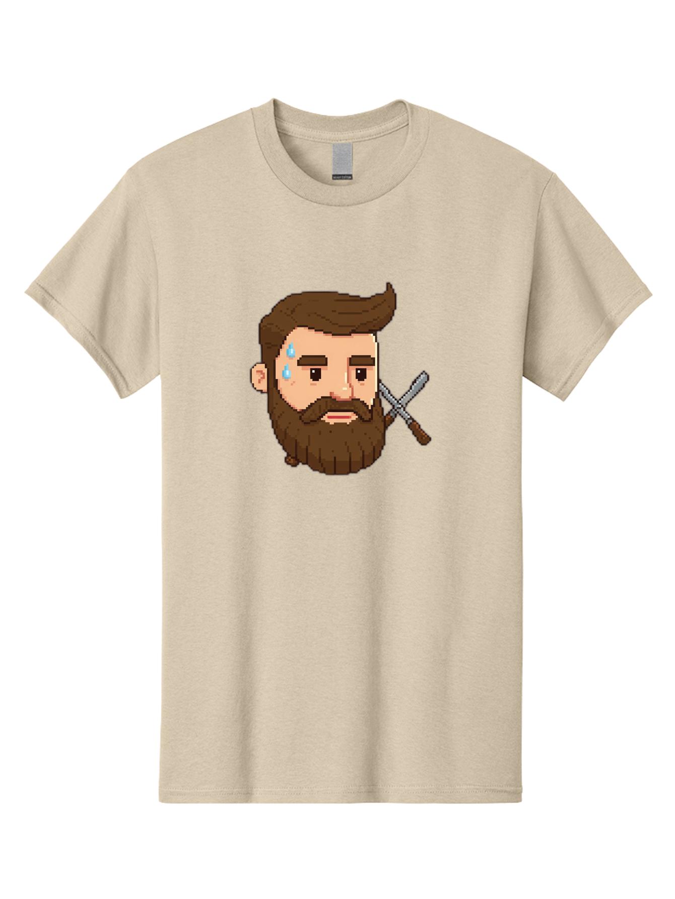 Pixelated-Bearded-Man-With-Swords Men'S Graphic Tee, 100% Cotton, Comfortable Casual Summer Wear, Machine Washable, Pixel Art, Bearded Man Crying, Sadness, Regret, Razor In Hand, Grooming Gone Wrong, Despair, Shaving Mishap, Bad444