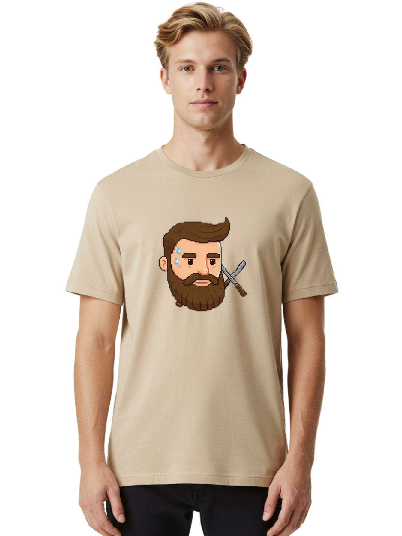 Pixelated-Bearded-Man-With-Swords Men'S Graphic Tee, 100% Cotton, Comfortable Casual Summer Wear, Machine Washable, Pixel Art, Bearded Man Crying, Sadness, Regret, Razor In Hand, Grooming Gone Wrong, Despair, Shaving Mishap, Bad444