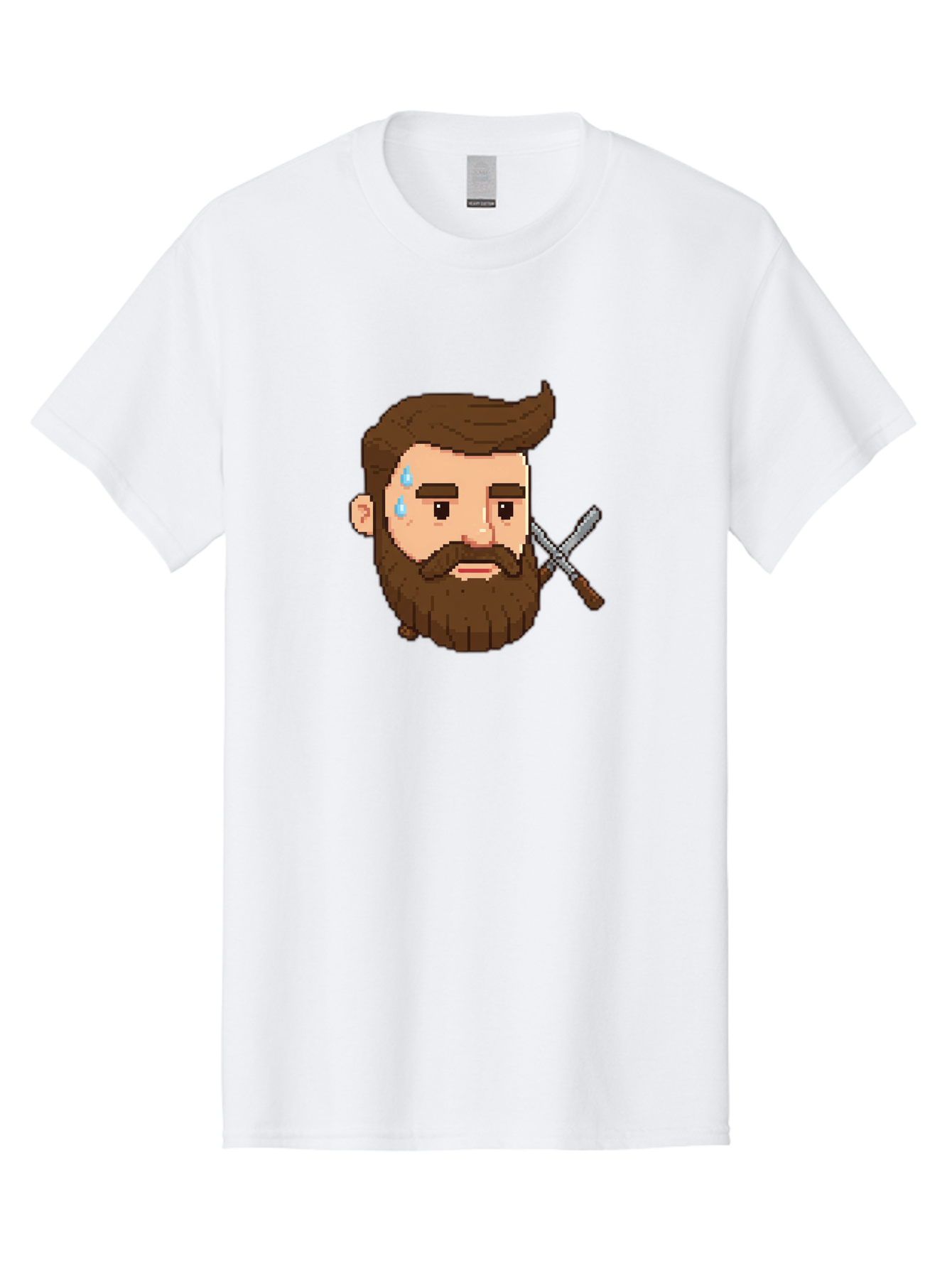 Pixelated-Bearded-Man-With-Swords Men'S Graphic Tee, 100% Cotton, Comfortable Casual Summer Wear, Machine Washable, Pixel Art, Bearded Man Crying, Sadness, Regret, Razor In Hand, Grooming Gone Wrong, Despair, Shaving Mishap, Bad444