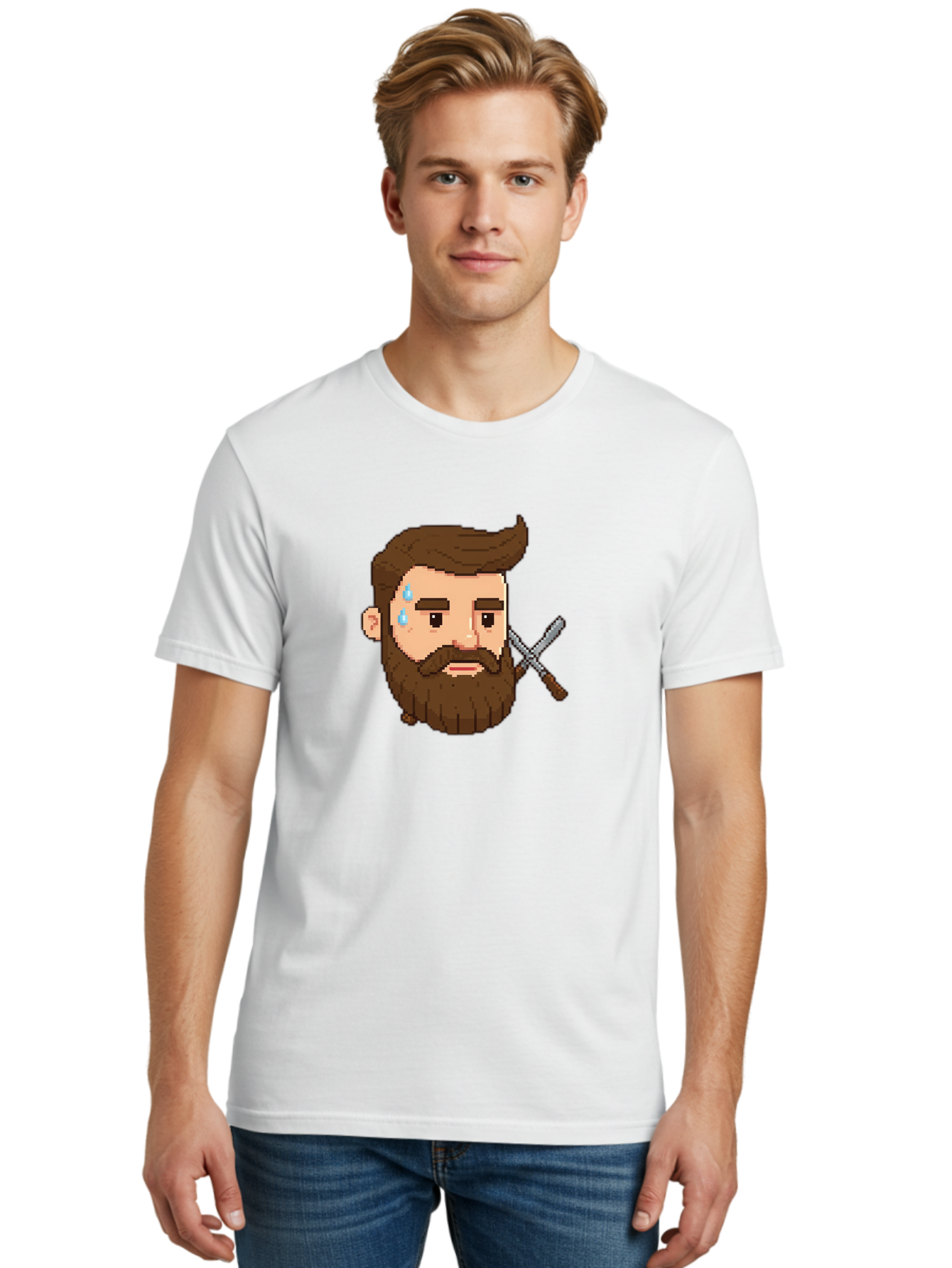 Pixelated-Bearded-Man-With-Swords Men'S Graphic Tee, 100% Cotton, Comfortable Casual Summer Wear, Machine Washable, Pixel Art, Bearded Man Crying, Sadness, Regret, Razor In Hand, Grooming Gone Wrong, Despair, Shaving Mishap, Bad444