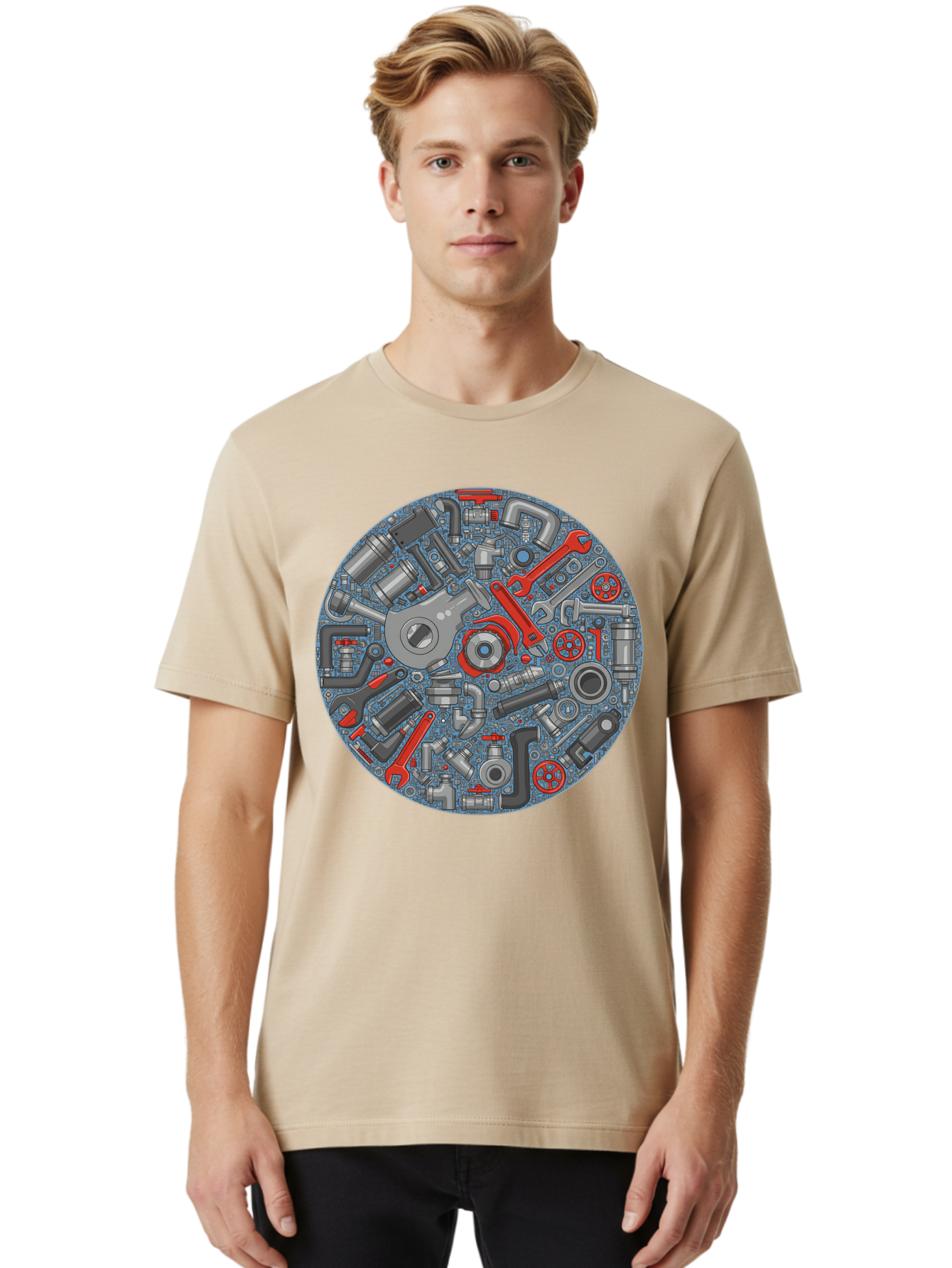 Plumbing-Tools Men'S Graphic Tee, 100% Cotton, Comfortable Casual Summer Wear, Machine Washable, Tools, Pipes, Plumbing, Machinery, Equipment, Wrenches, Spanners, Maintenance, Repair, Diy, Hardware, Industrial Bad446