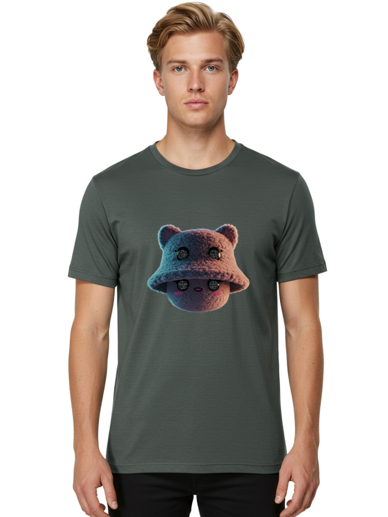 Plushie-Character Men'S Graphic Tee, 100% Cotton, Comfortable Casual Summer Wear, Machine Washable, Cute Cartoon Character, Fluffy Teddy Bear, Kawaii Plush Toy, Round Face, Sparkly Eyes, Soft Pink Cheeks, Funny Expression, Endearing Design, Bad447