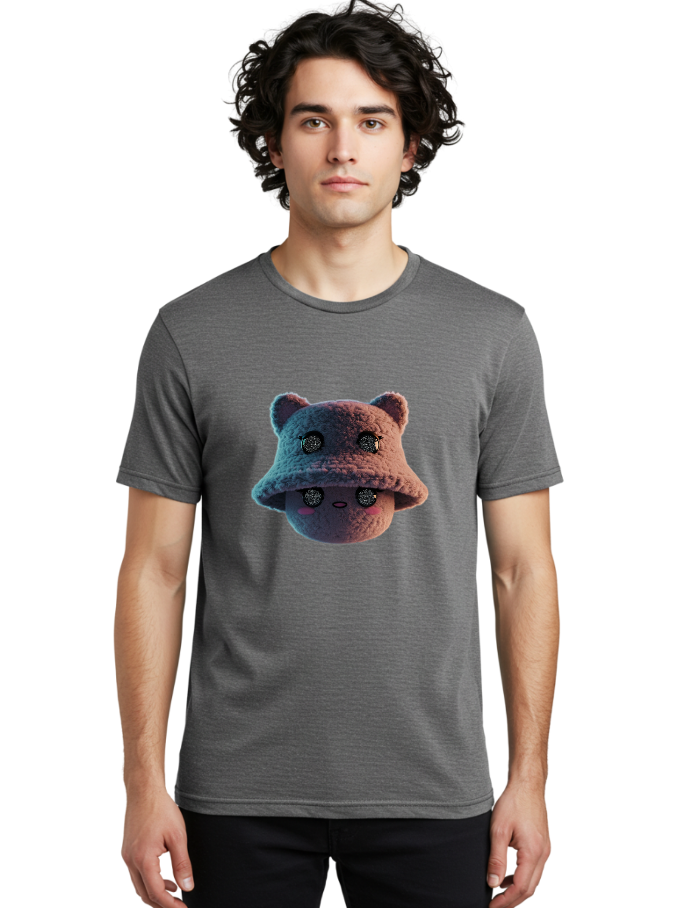 Plushie-Character Men'S Graphic Tee, 100% Cotton, Comfortable Casual Summer Wear, Machine Washable, Cute Cartoon Character, Fluffy Teddy Bear, Kawaii Plush Toy, Round Face, Sparkly Eyes, Soft Pink Cheeks, Funny Expression, Endearing Design, Bad447