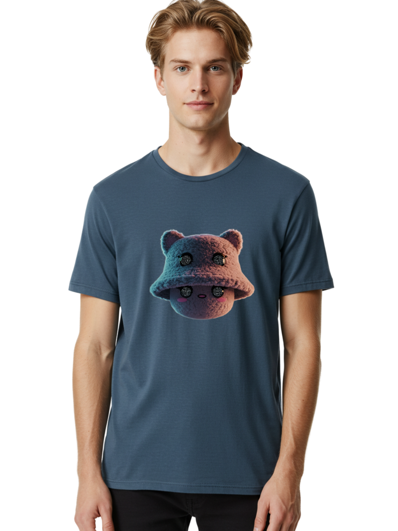 Plushie-Character Men'S Graphic Tee, 100% Cotton, Comfortable Casual Summer Wear, Machine Washable, Cute Cartoon Character, Fluffy Teddy Bear, Kawaii Plush Toy, Round Face, Sparkly Eyes, Soft Pink Cheeks, Funny Expression, Endearing Design, Bad447