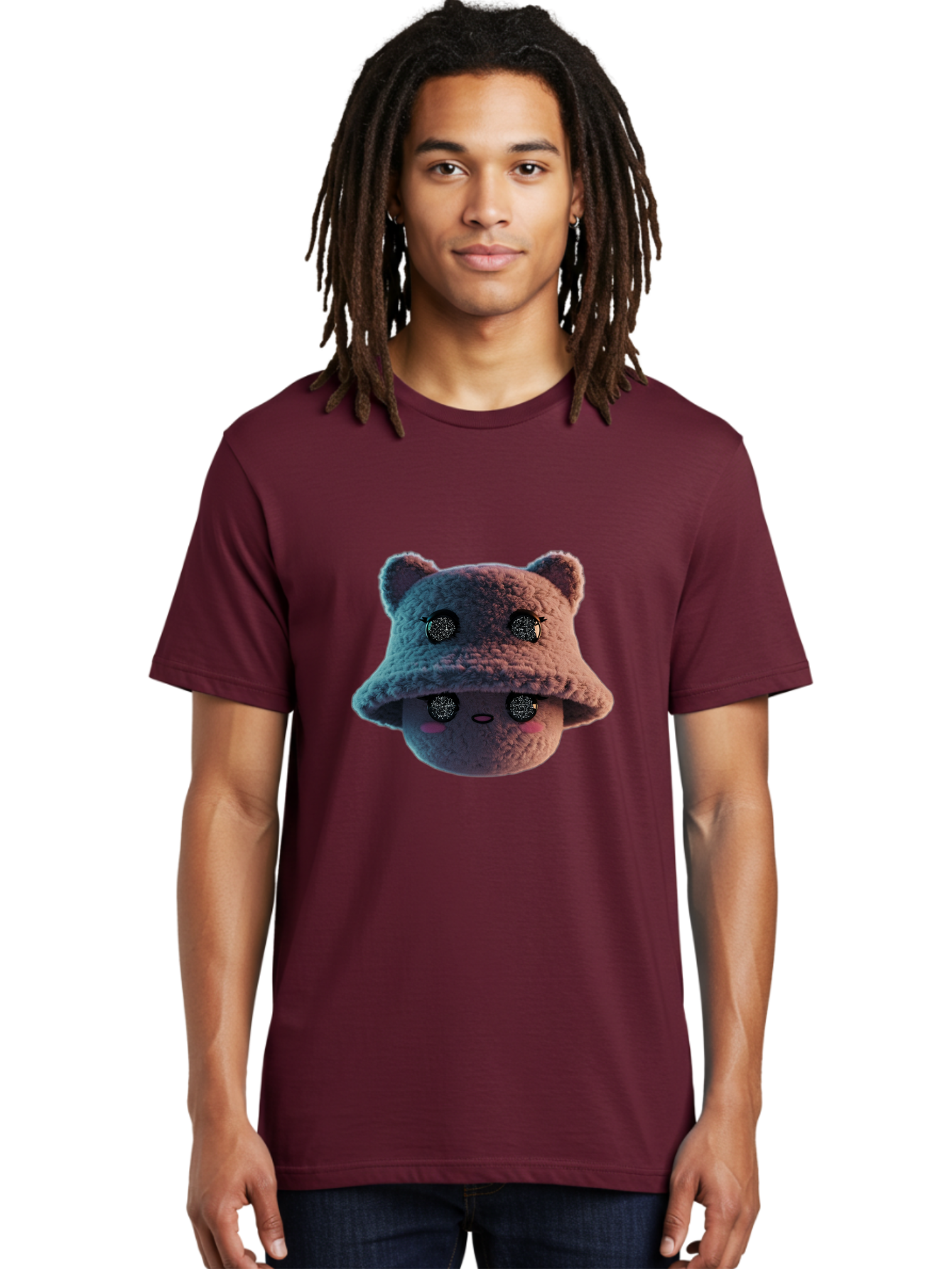 Plushie-Character Men'S Graphic Tee, 100% Cotton, Comfortable Casual Summer Wear, Machine Washable, Cute Cartoon Character, Fluffy Teddy Bear, Kawaii Plush Toy, Round Face, Sparkly Eyes, Soft Pink Cheeks, Funny Expression, Endearing Design, Bad447