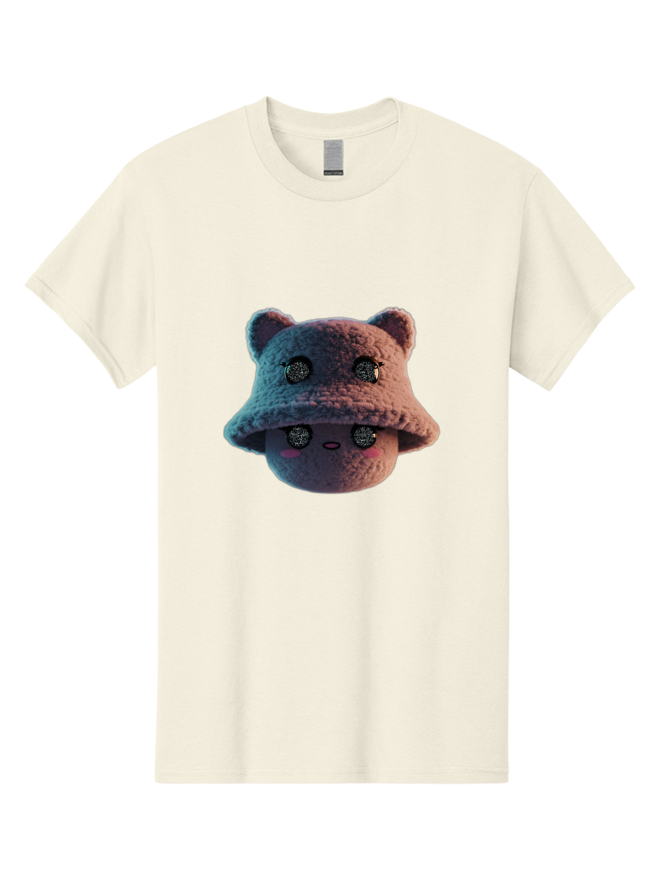 Plushie-Character Men'S Graphic Tee, 100% Cotton, Comfortable Casual Summer Wear, Machine Washable, Cute Cartoon Character, Fluffy Teddy Bear, Kawaii Plush Toy, Round Face, Sparkly Eyes, Soft Pink Cheeks, Funny Expression, Endearing Design, Bad447
