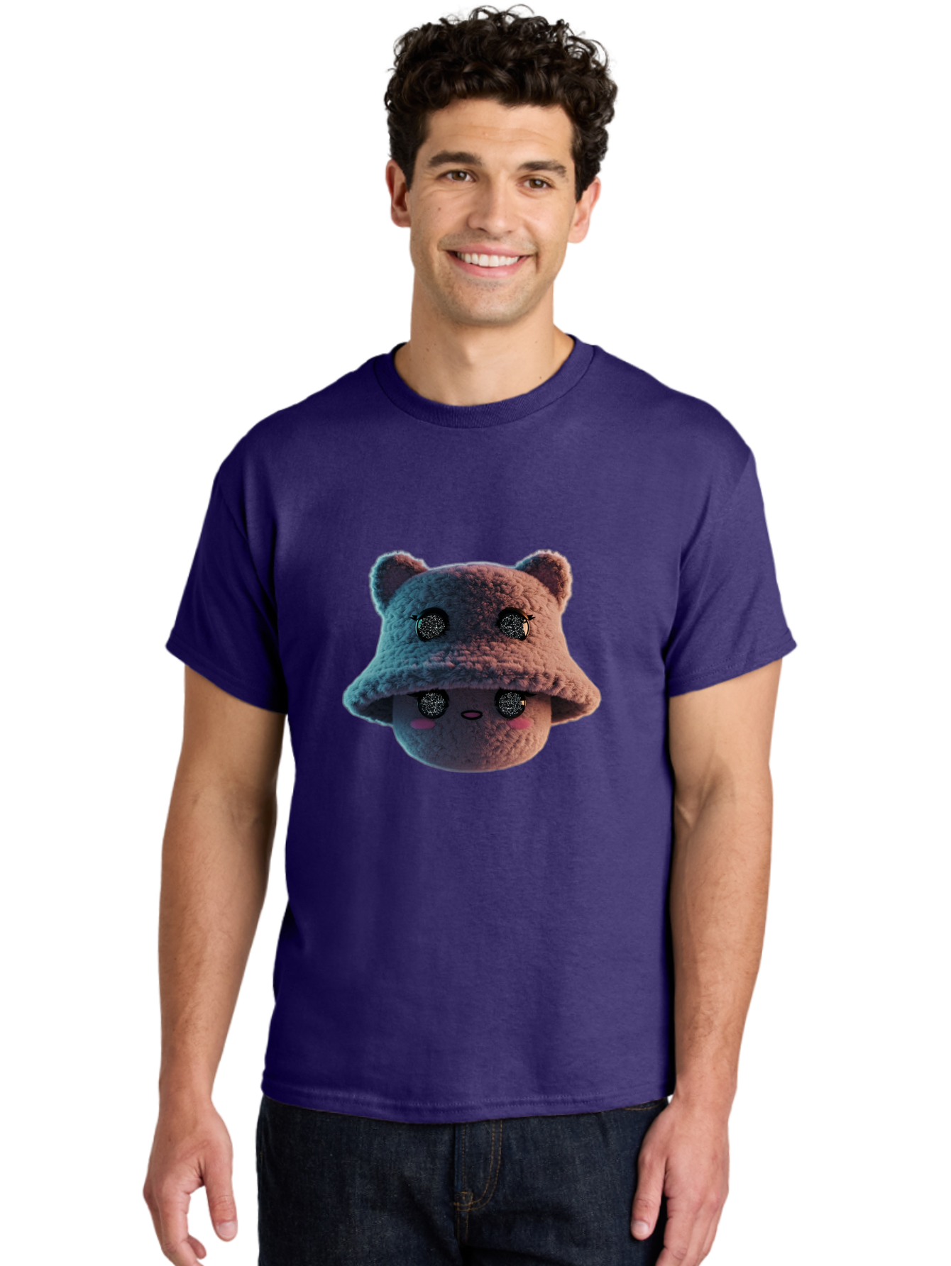Plushie-Character Men'S Graphic Tee, 100% Cotton, Comfortable Casual Summer Wear, Machine Washable, Cute Cartoon Character, Fluffy Teddy Bear, Kawaii Plush Toy, Round Face, Sparkly Eyes, Soft Pink Cheeks, Funny Expression, Endearing Design, Bad447