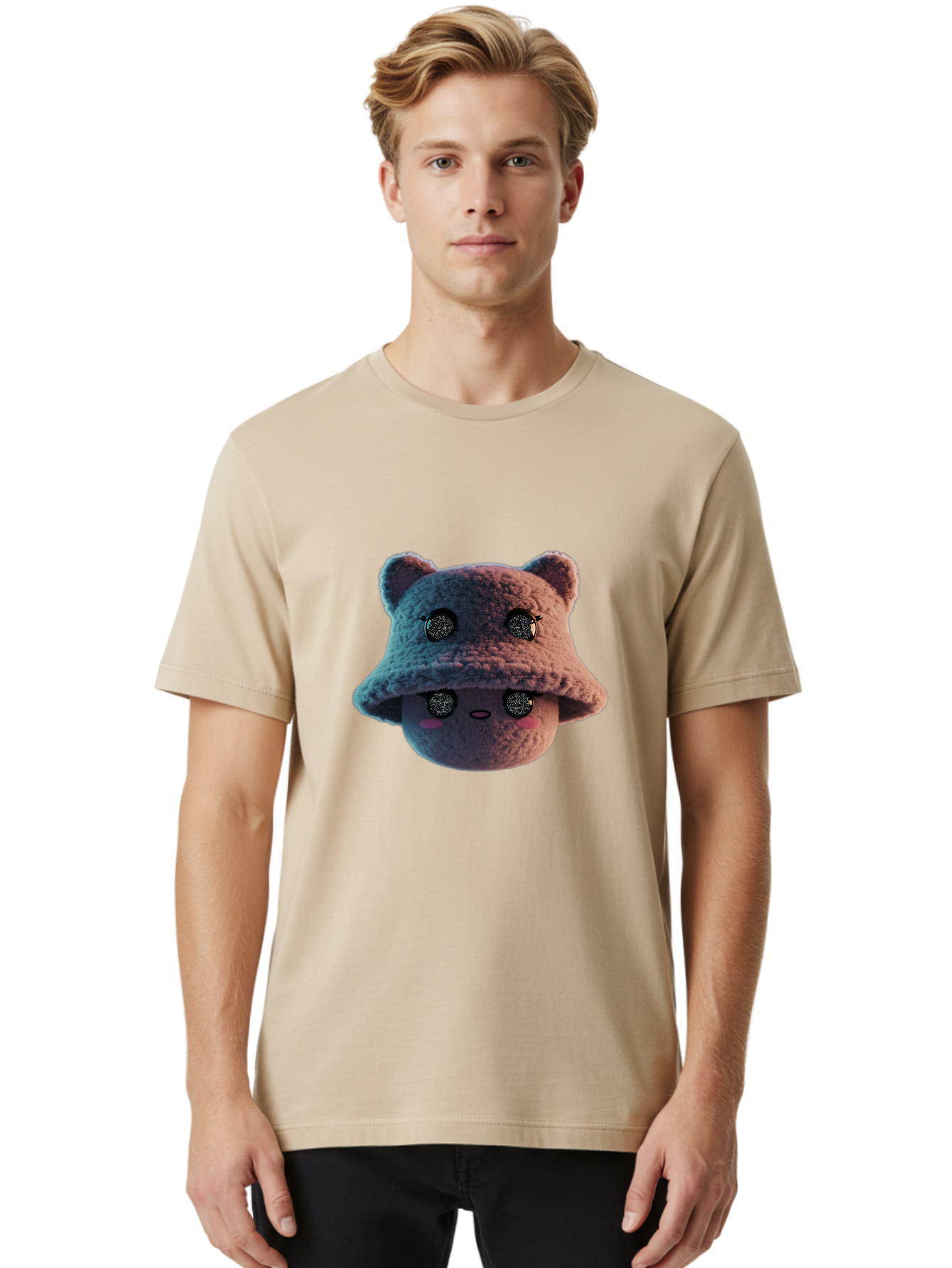 Plushie-Character Men'S Graphic Tee, 100% Cotton, Comfortable Casual Summer Wear, Machine Washable, Cute Cartoon Character, Fluffy Teddy Bear, Kawaii Plush Toy, Round Face, Sparkly Eyes, Soft Pink Cheeks, Funny Expression, Endearing Design, Bad447