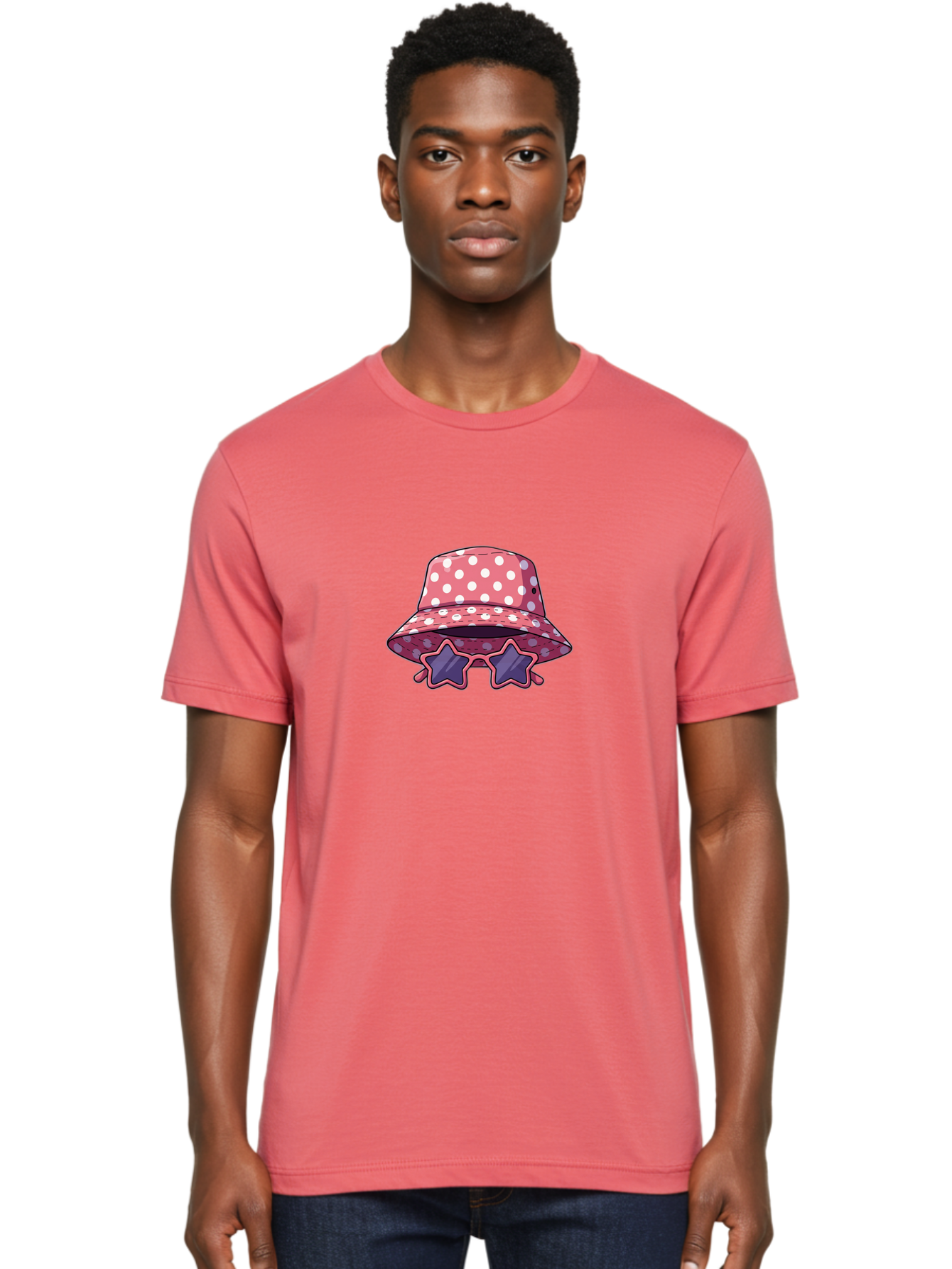 Polka-Dot-Bucket-Hat-Star-Sunglasses Men'S Graphic Tee, 100% Cotton, Comfortable Casual Summer Wear, Machine Washable, Polka Dot Bucket Hat, Star-Shaped Sunglasses, Fashion Accessories, Trendy Summer Style, Playful Design, Bad448
