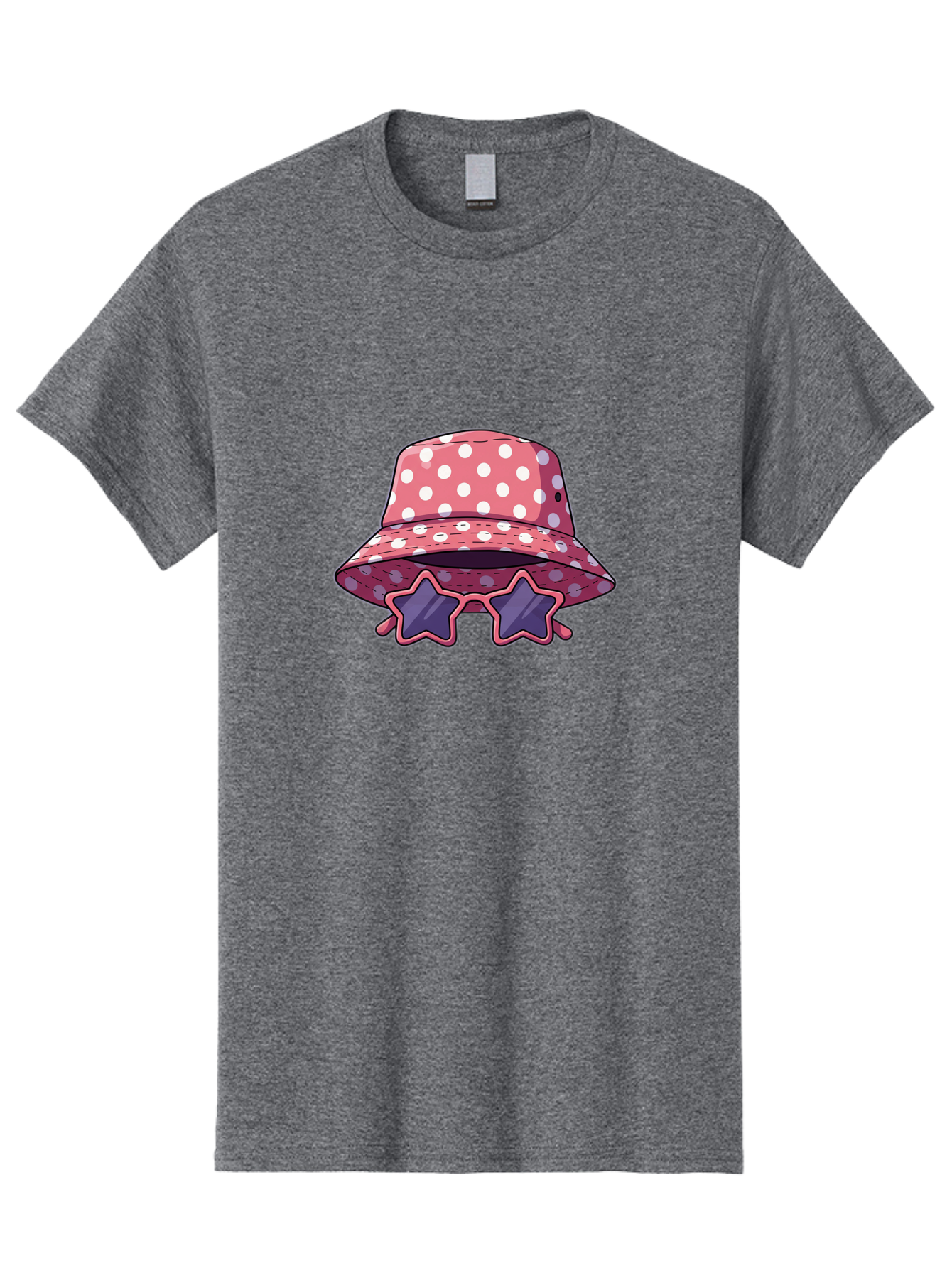 Polka-Dot-Bucket-Hat-Star-Sunglasses Men'S Graphic Tee, 100% Cotton, Comfortable Casual Summer Wear, Machine Washable, Polka Dot Bucket Hat, Star-Shaped Sunglasses, Fashion Accessories, Trendy Summer Style, Playful Design, Bad448