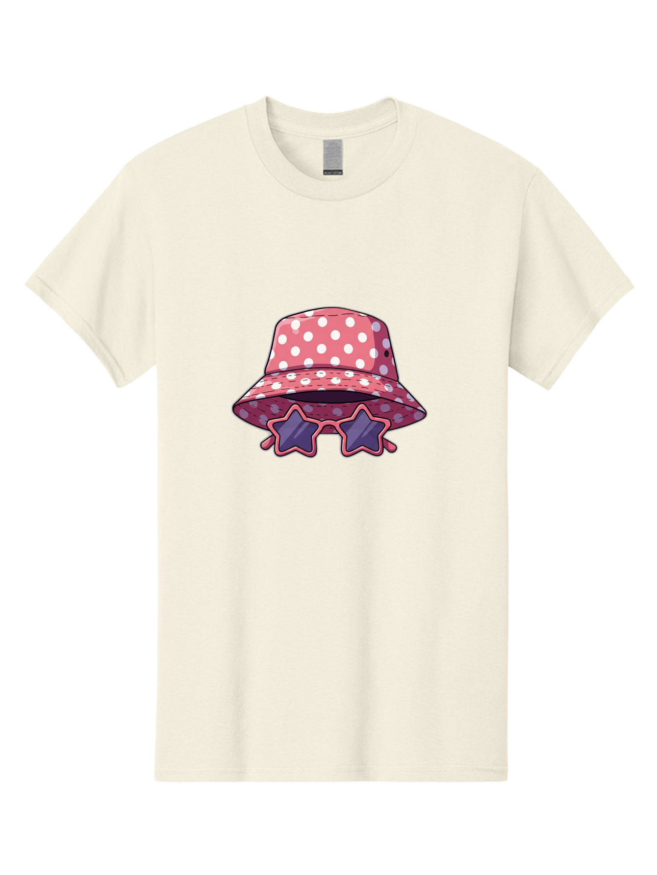 Polka-Dot-Bucket-Hat-Star-Sunglasses Men'S Graphic Tee, 100% Cotton, Comfortable Casual Summer Wear, Machine Washable, Polka Dot Bucket Hat, Star-Shaped Sunglasses, Fashion Accessories, Trendy Summer Style, Playful Design, Bad448