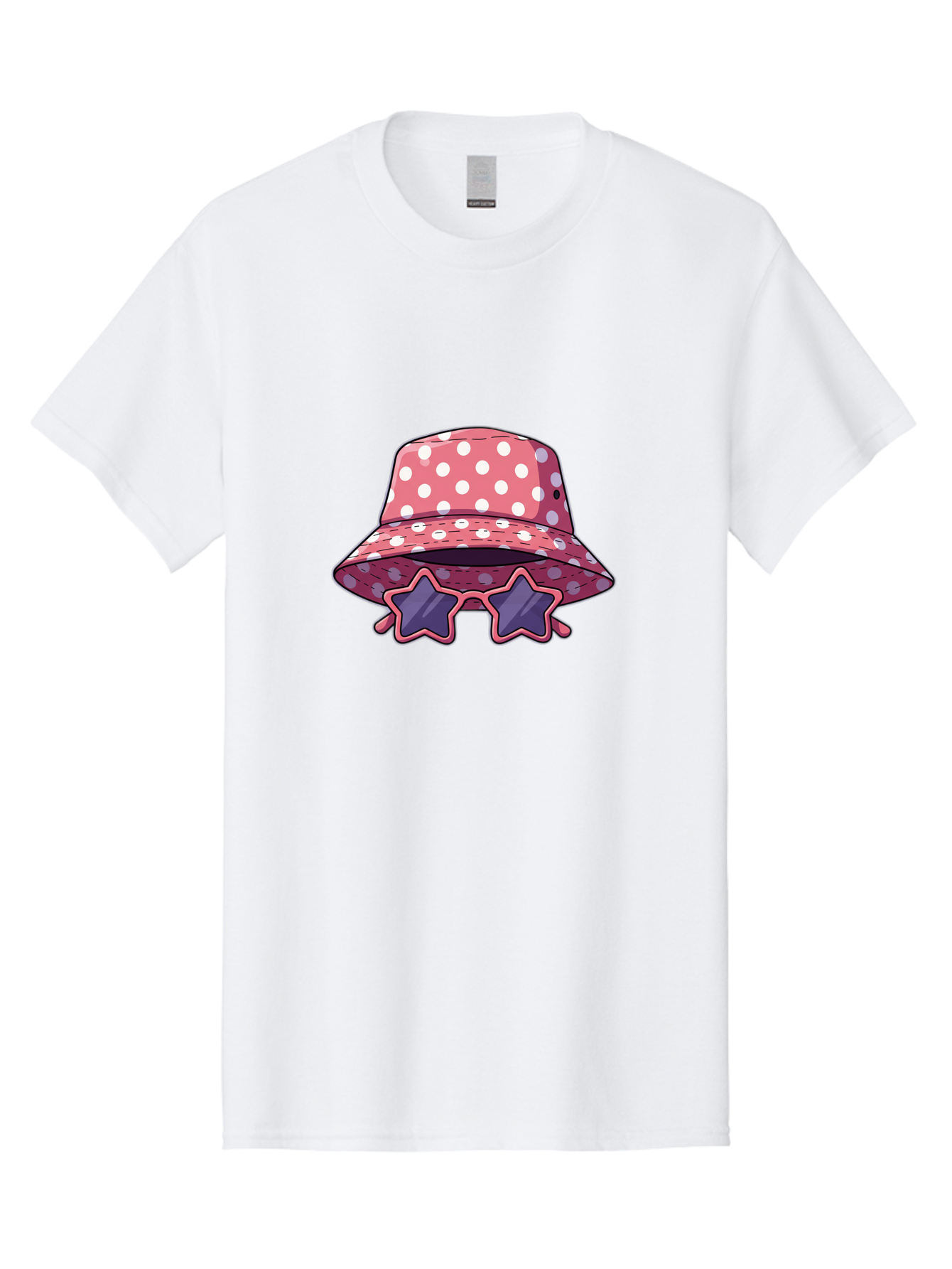 Polka-Dot-Bucket-Hat-Star-Sunglasses Men'S Graphic Tee, 100% Cotton, Comfortable Casual Summer Wear, Machine Washable, Polka Dot Bucket Hat, Star-Shaped Sunglasses, Fashion Accessories, Trendy Summer Style, Playful Design, Bad448