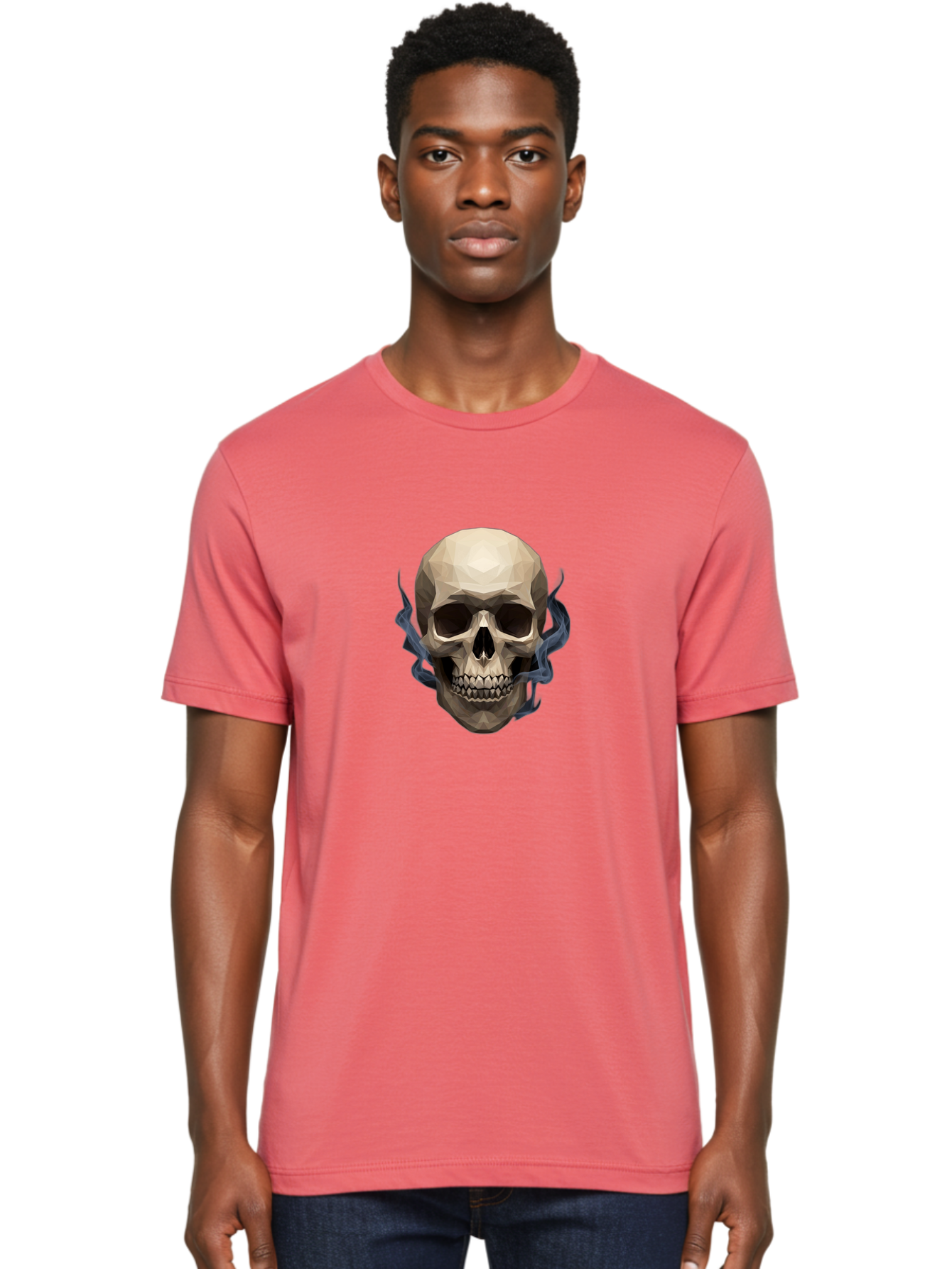 Polygonal-Skull Men'S Graphic Tee, 100% Cotton, Comfortable Casual Summer Wear, Machine Washable, Human Skull, Geometric Shapes, Low Poly Art, Smoke Coming Out, Dark Eye Sockets, Teeth, Mystical, Low Poly, Abstract Art, Skull Design Bad450